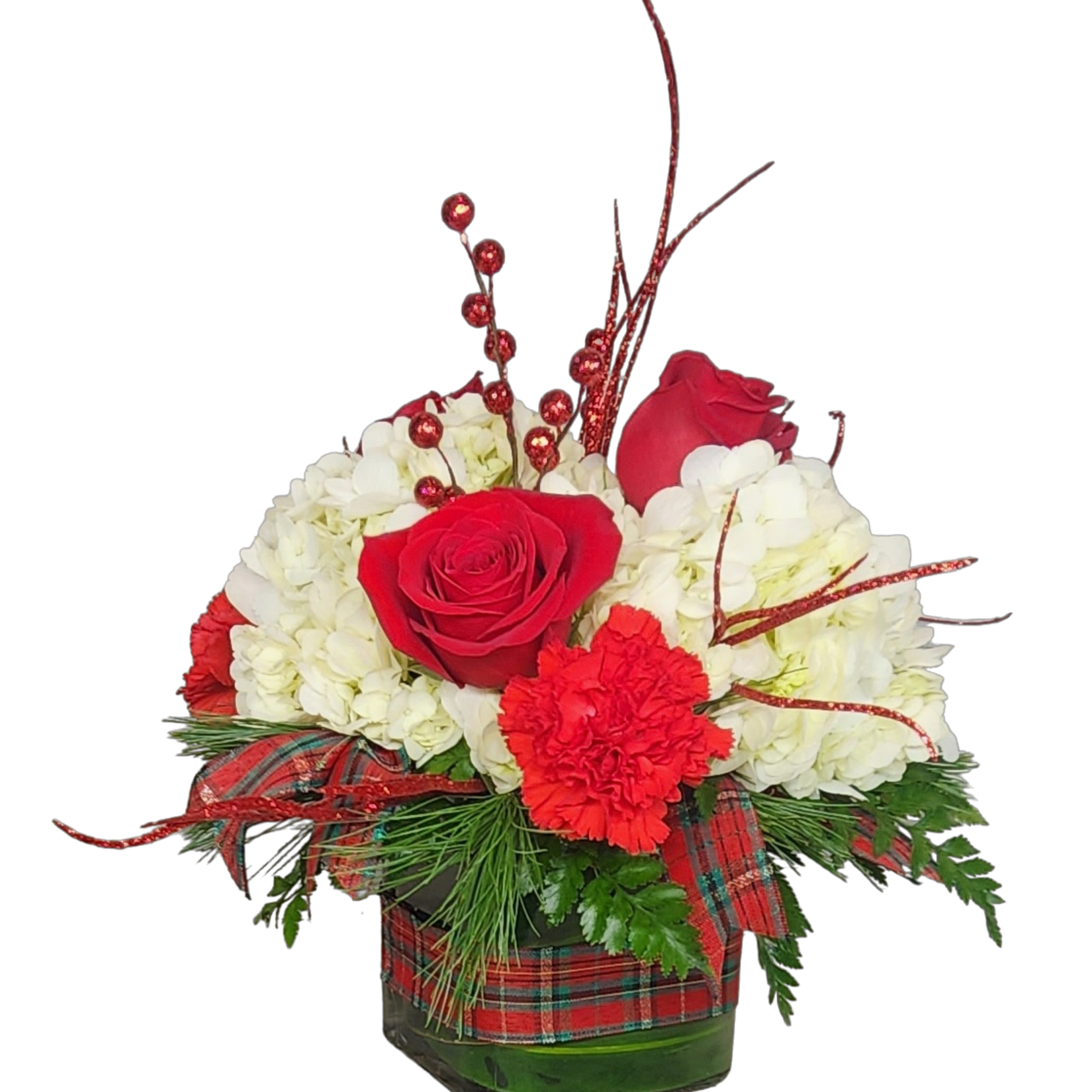 Bring the Holidays home with this stylish arrangement. Hydrangeas, roses, carnations and
