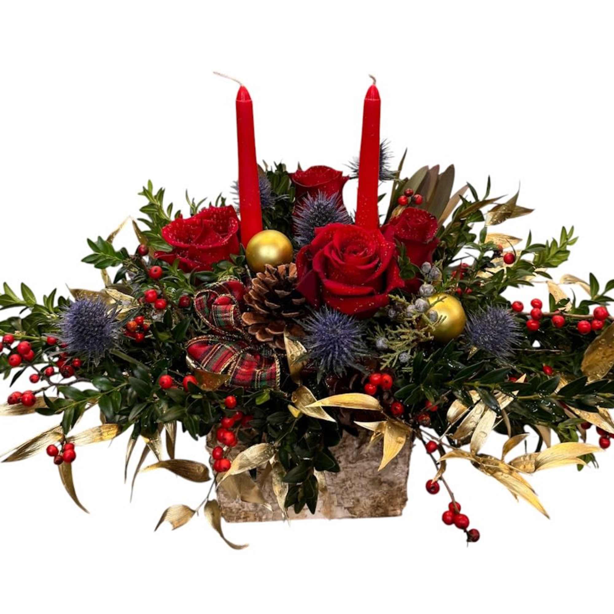 Red roses,  Candle, Christmas Green, Ornament in a squire burket