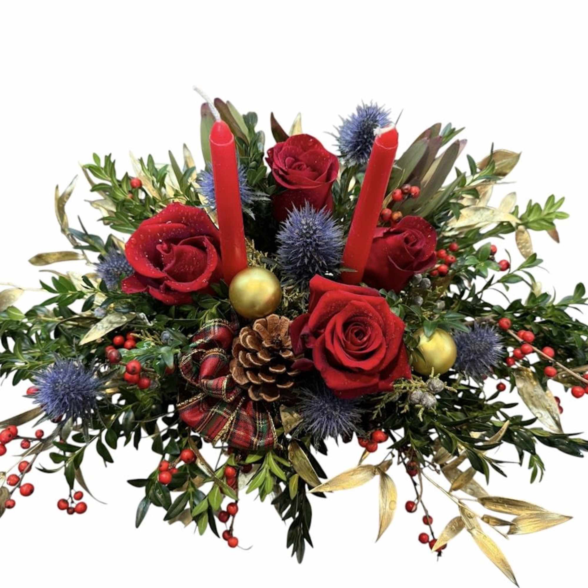 Red roses,  Candle, Christmas Green, Ornament in a squire burket