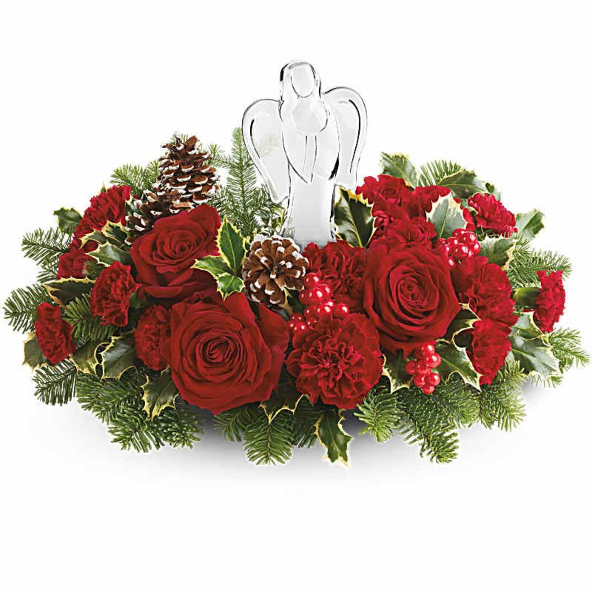 This Evergreen Blooms Bouquet brings holiday warmth and grace with red roses