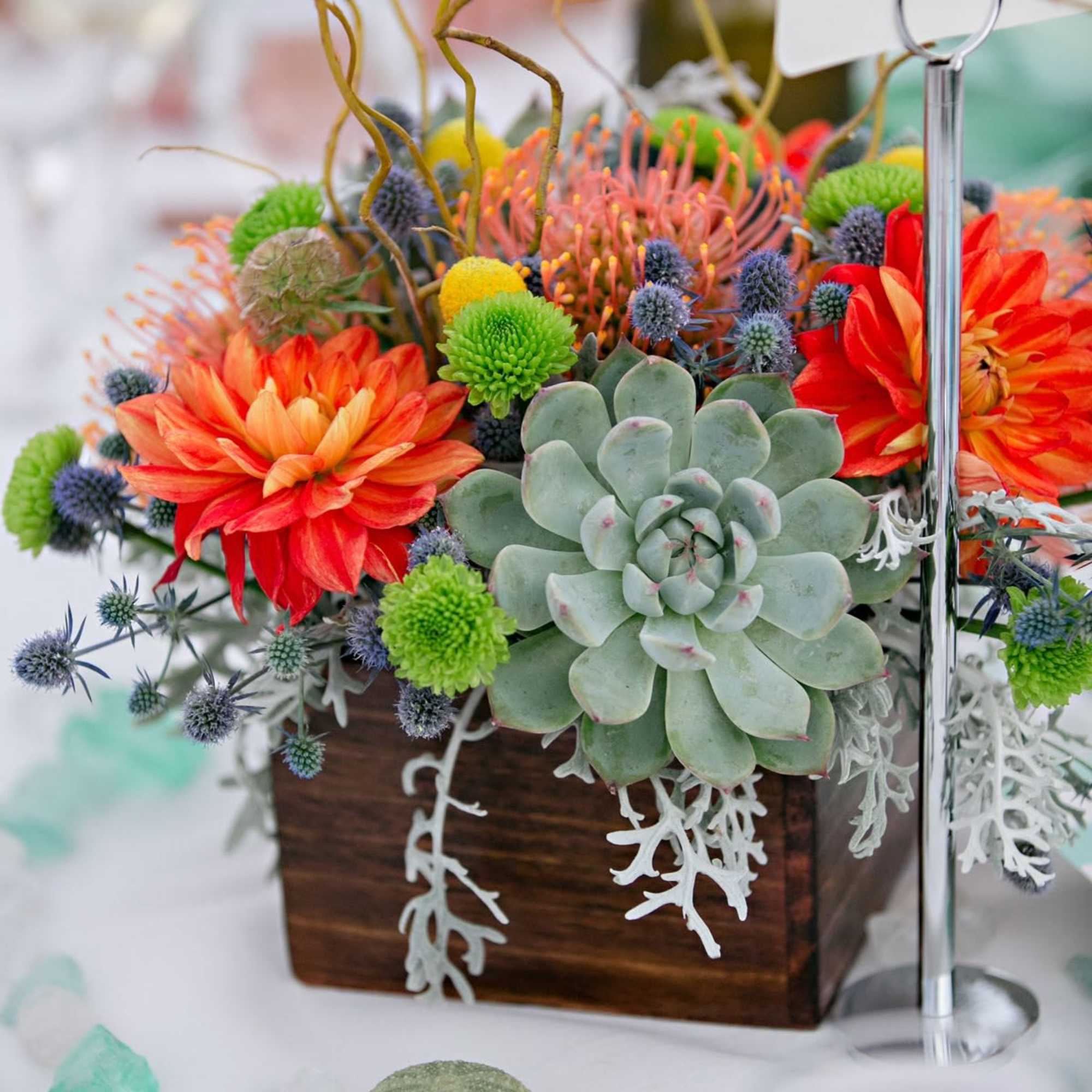 Wood Cube Planter Box - florals: faux succulents, blue thistle, pops of