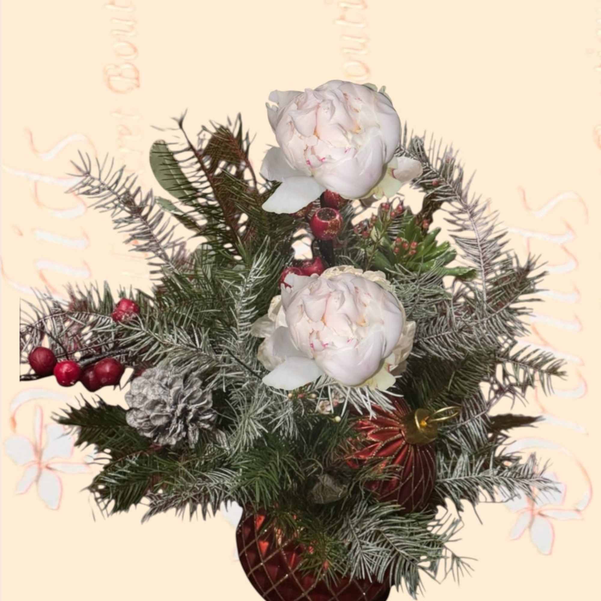 Send light pink peonies, snow pine cones, red blooms, and holiday greens.
