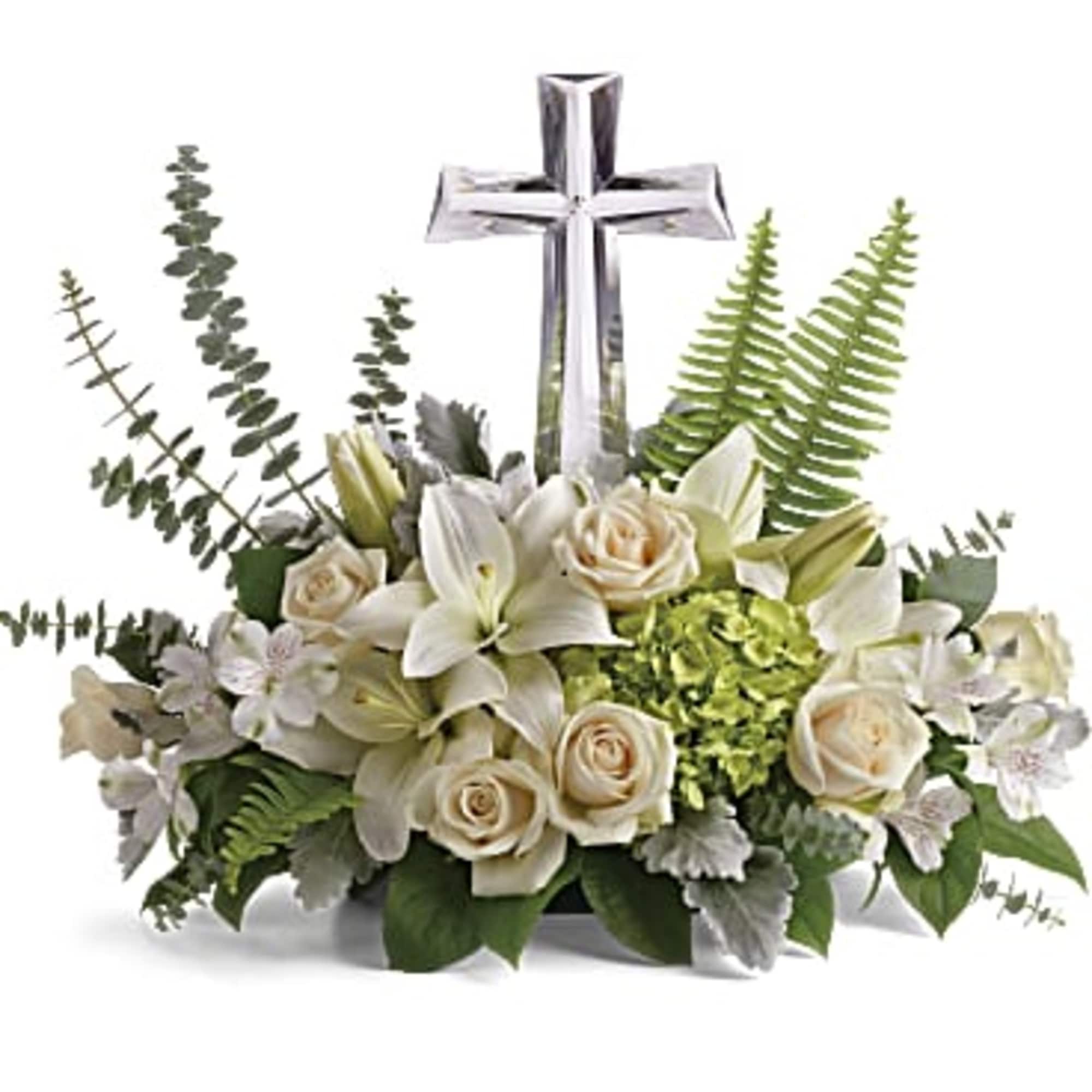 This peaceful bouquet of soft white flowers and green accents is a