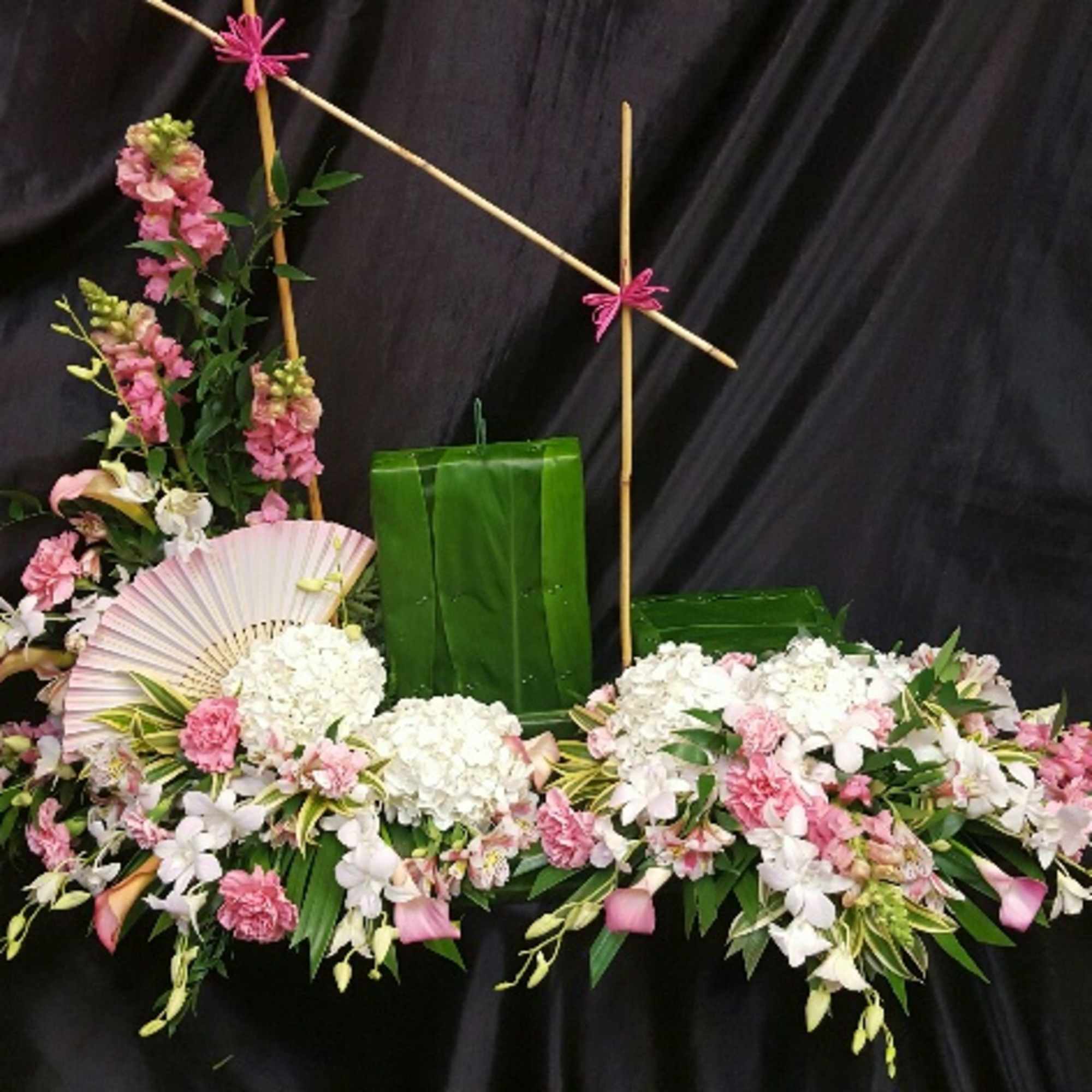 Bamboo &amp; Decorative Fan  accent  Large white Mums, carnations &amp;