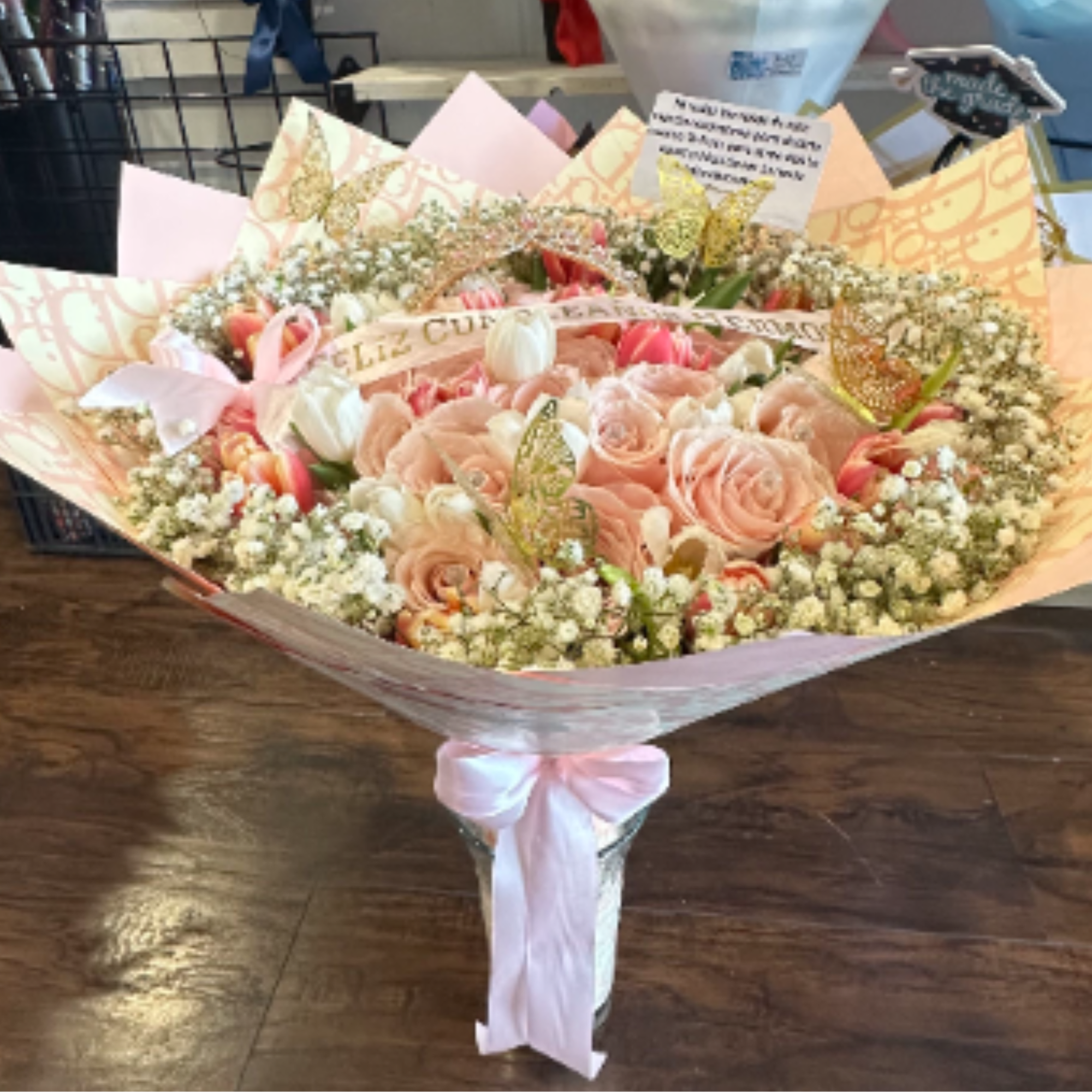 Bouquet of 50 white and pink roses with luxury wrapping paper, a