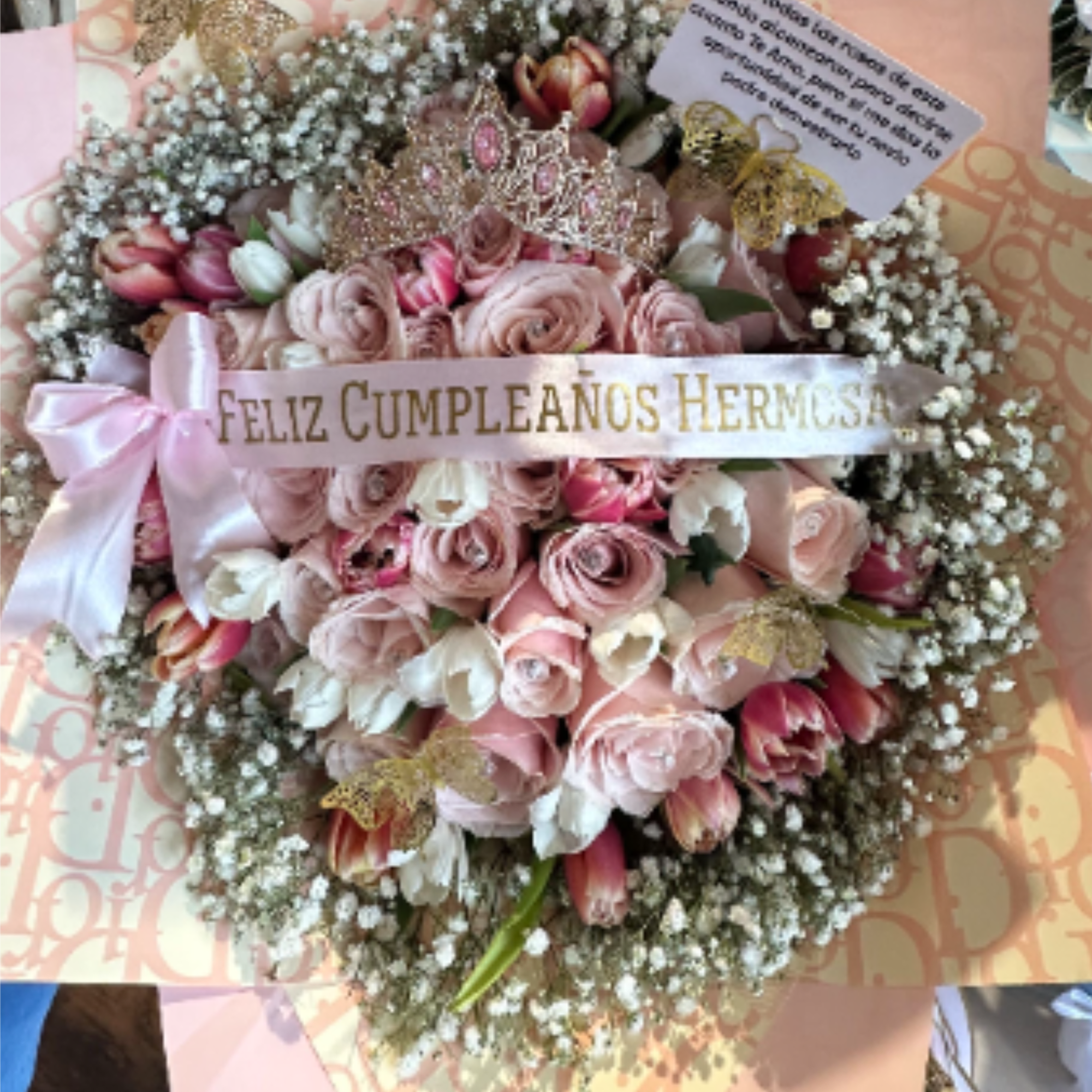 Bouquet of 50 white and pink roses with luxury wrapping paper, a