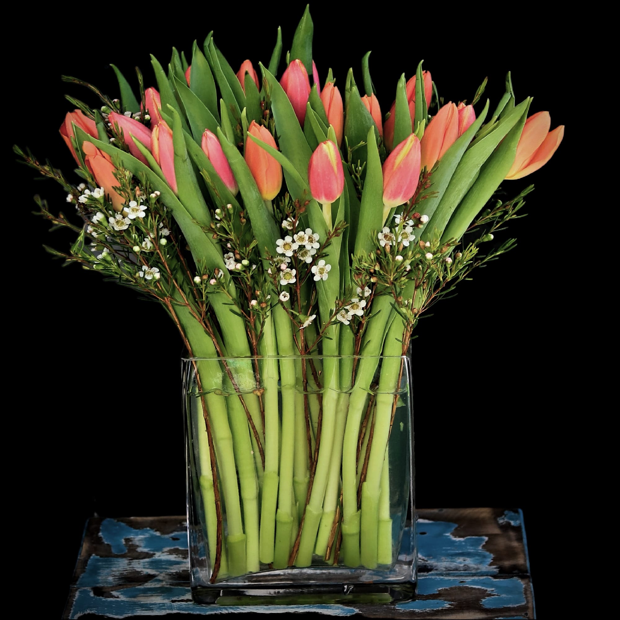 20 stems of tulips beautifully laid out in a 6x6x2in glass vase.