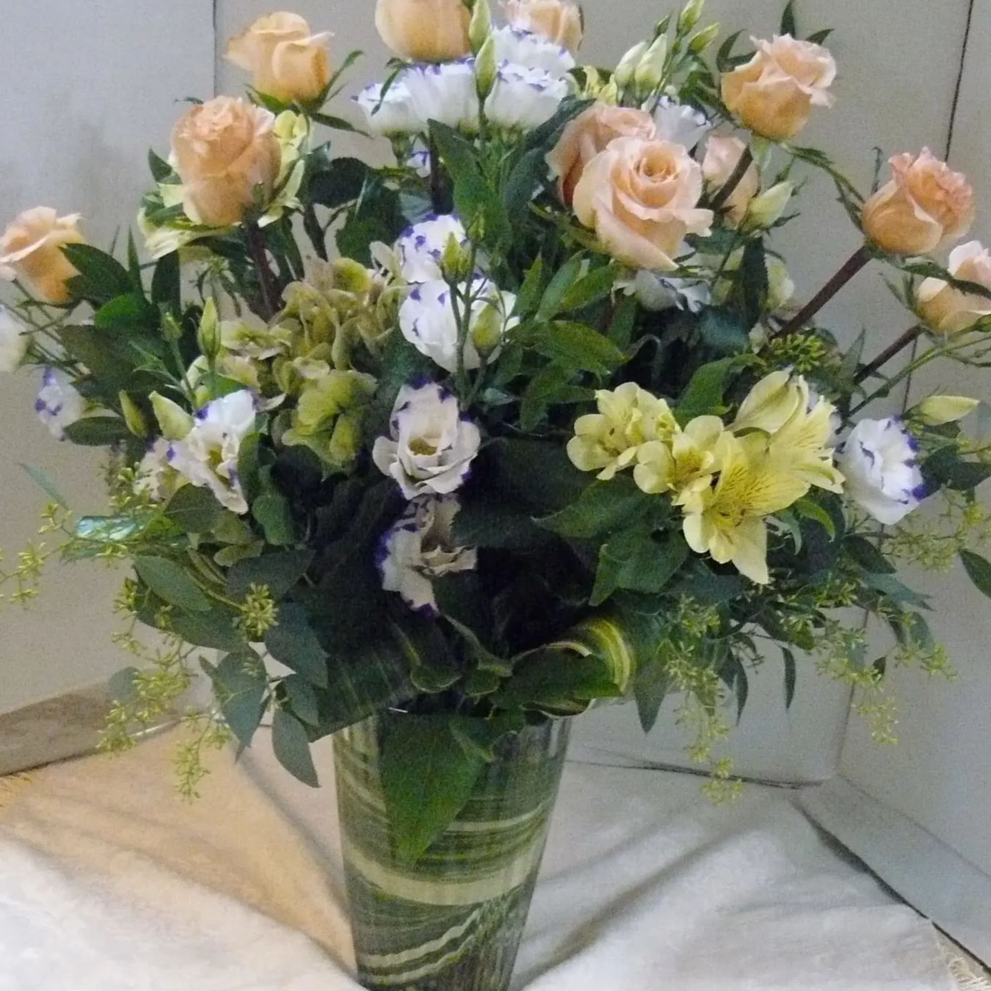 Peach Roses, Hydrangea, Lisianthus, Alstromeria, Fancy Greens