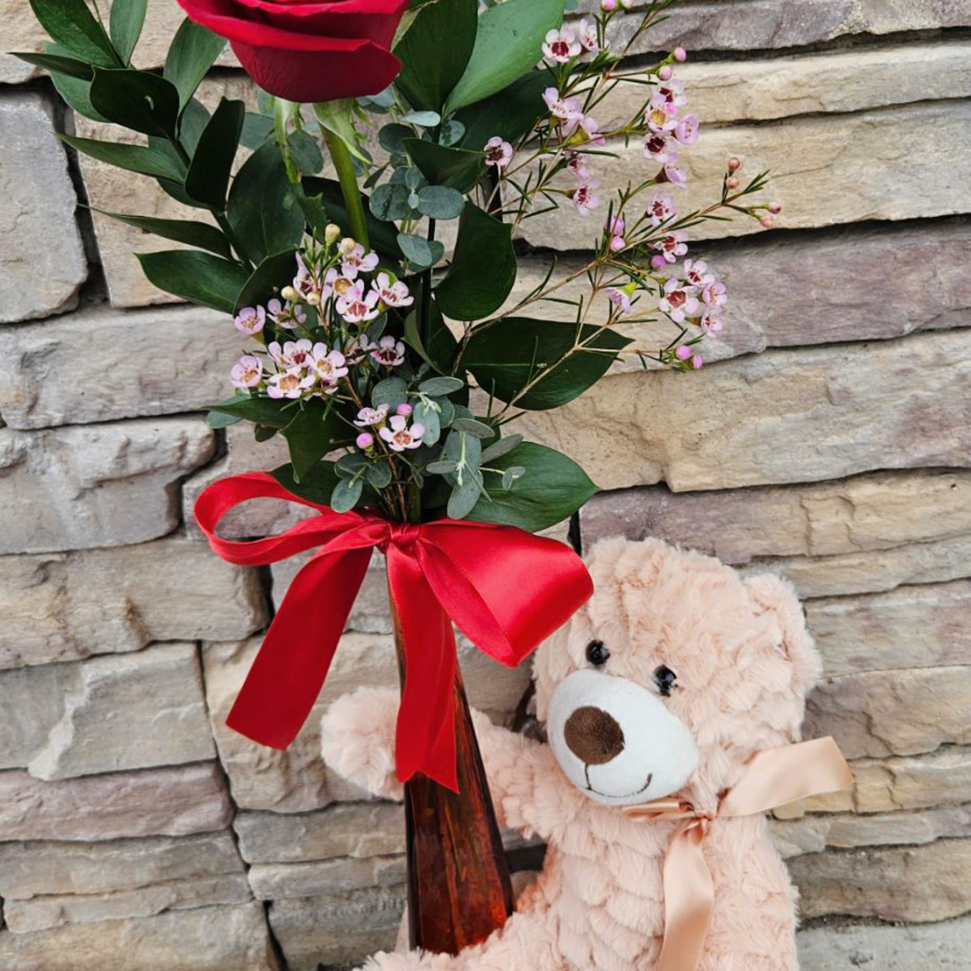 Send a cute and sweet red rose bud vase and teddy bear