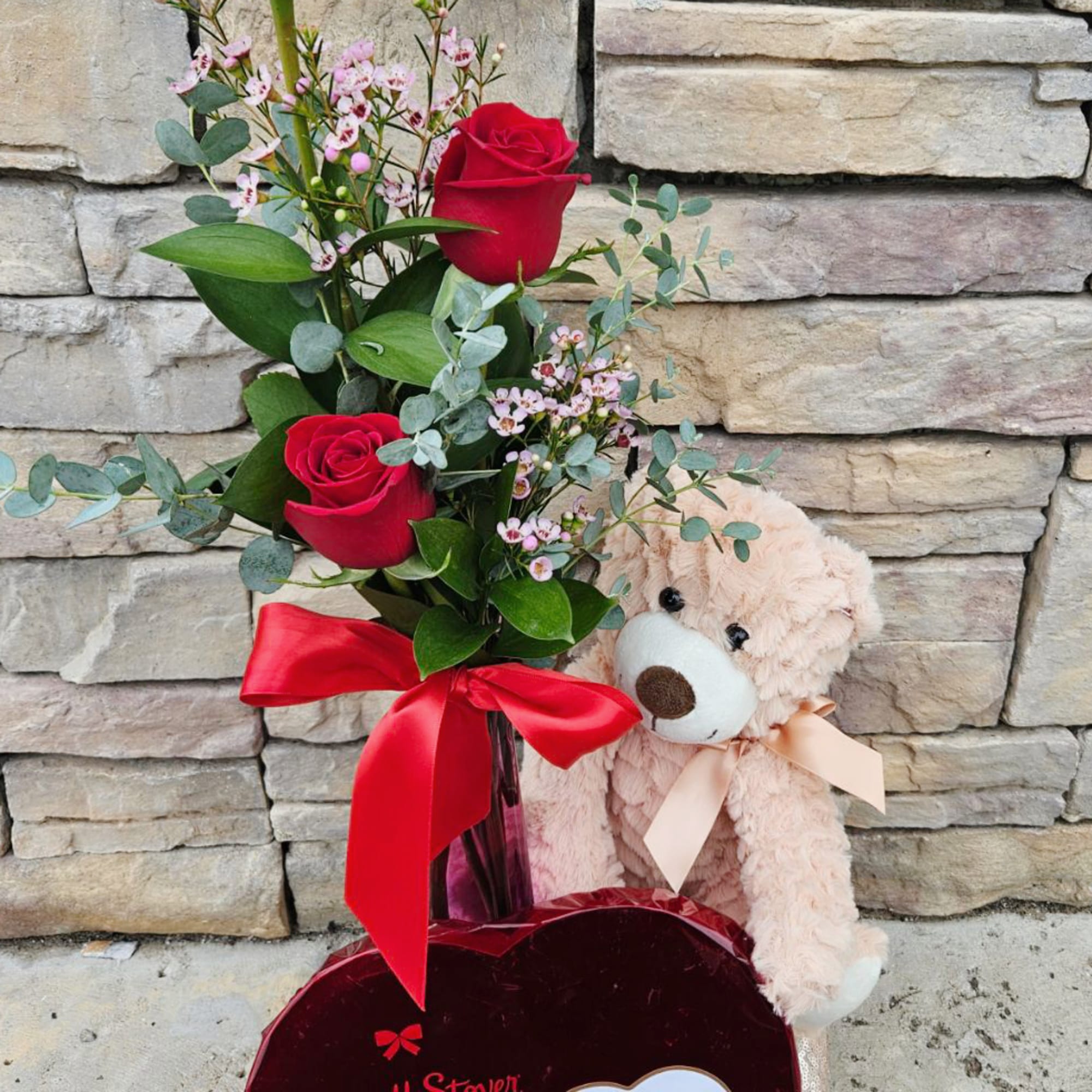 Send a cute and sweet red rose bud vase and teddy bear