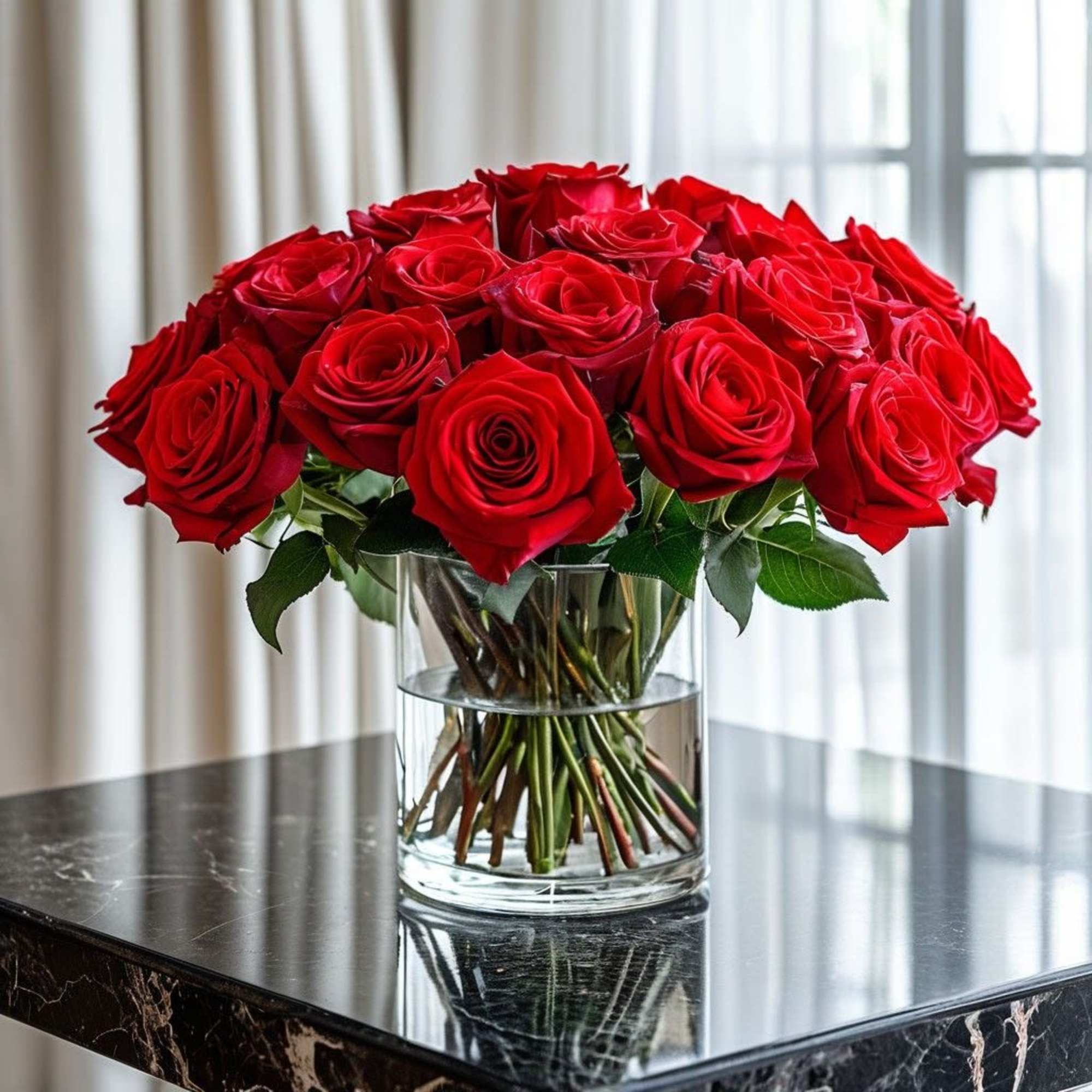 Simplicity meets sophistication &mdash; radiant red roses presented in a clear glass