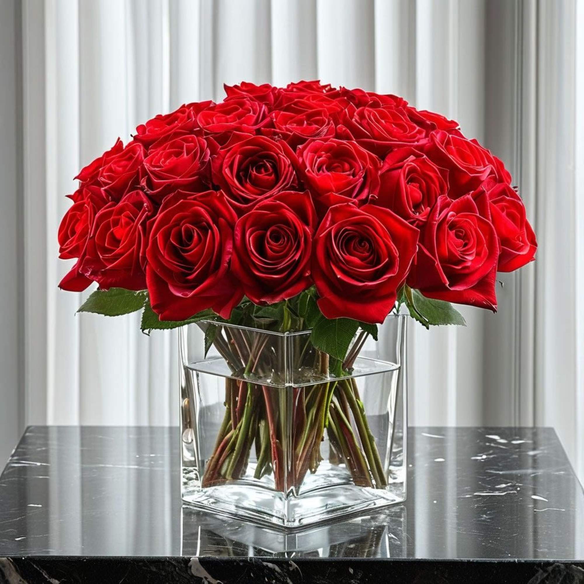 Simplicity meets sophistication &mdash; radiant red roses presented in a clear glass