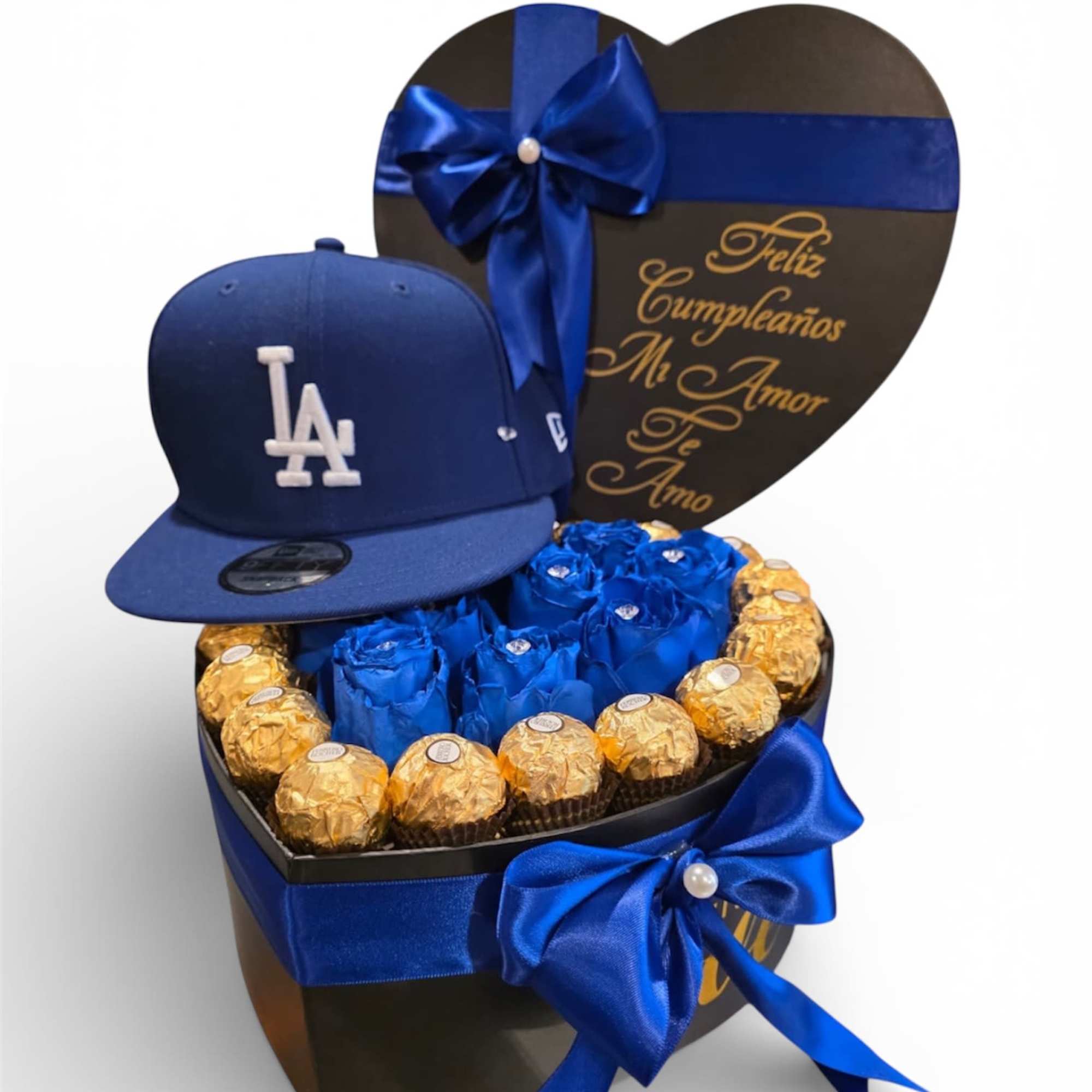 Beautiful box of natural blue roses with Ferrero Rocher chocolates, ideal for