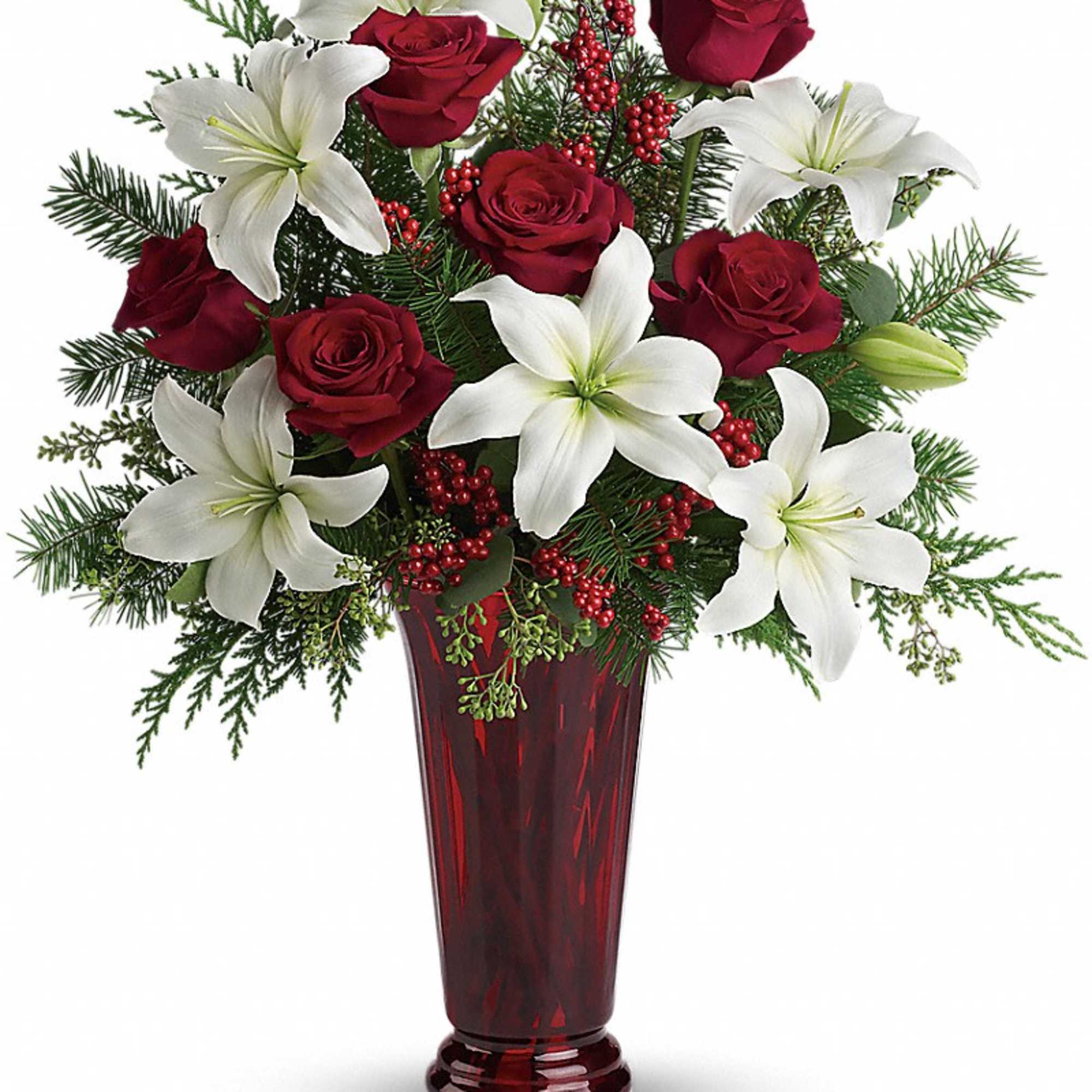 With beautiful red roses and brilliant white lilies delivered in a dramatic