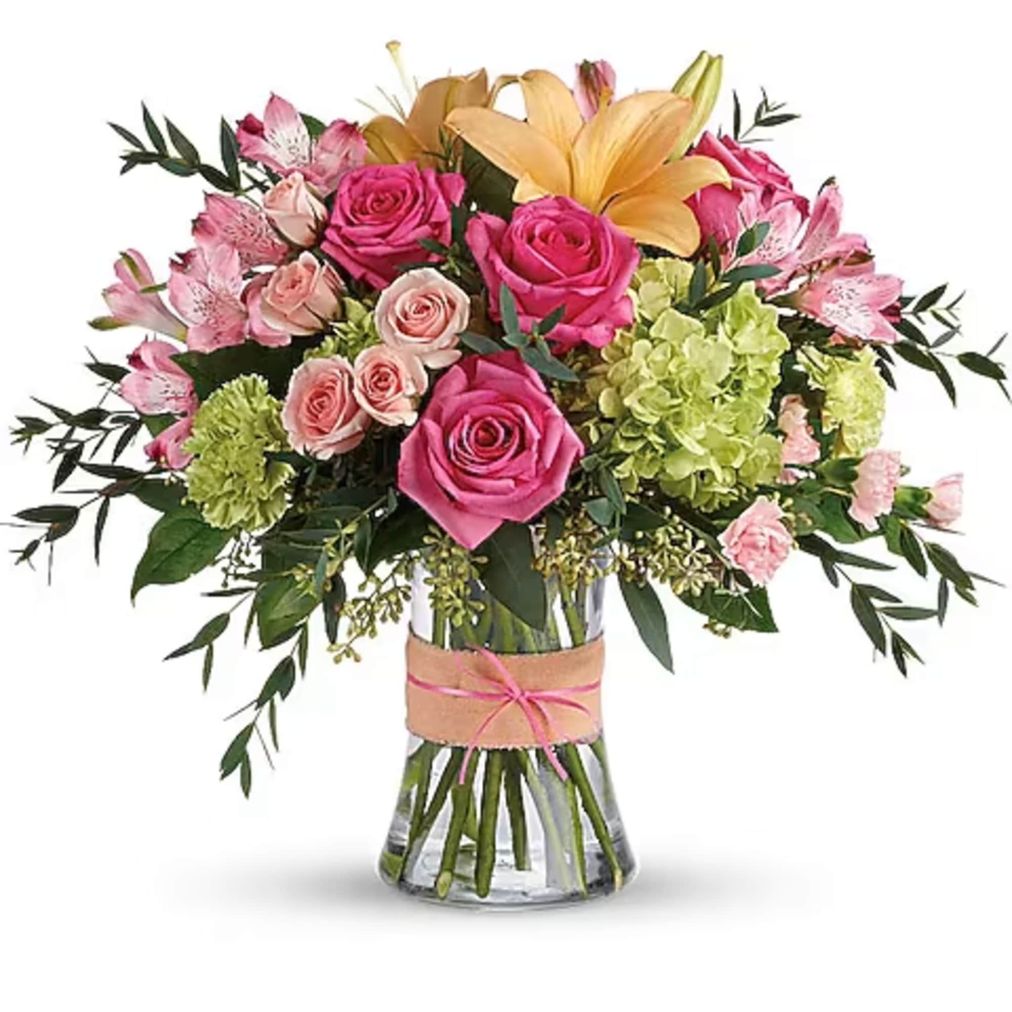 This chic arrangement captures romance and elegance with hot pink roses, soft