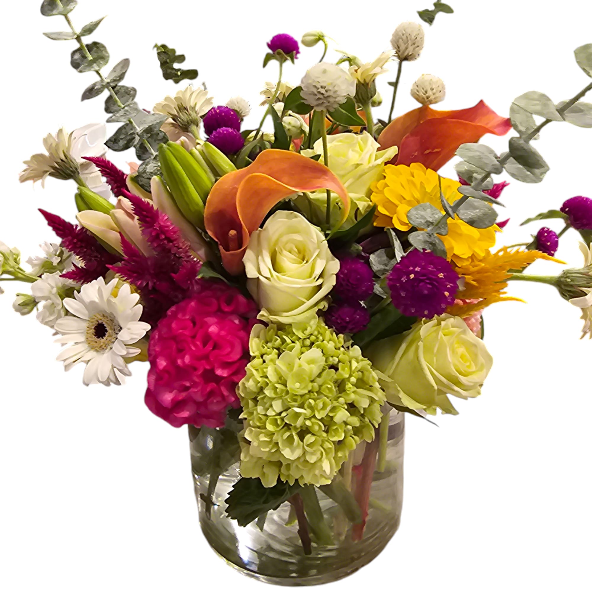 Mixed flowers in a 6x6 cylinder vase, full of lush, gorgeous, high-end