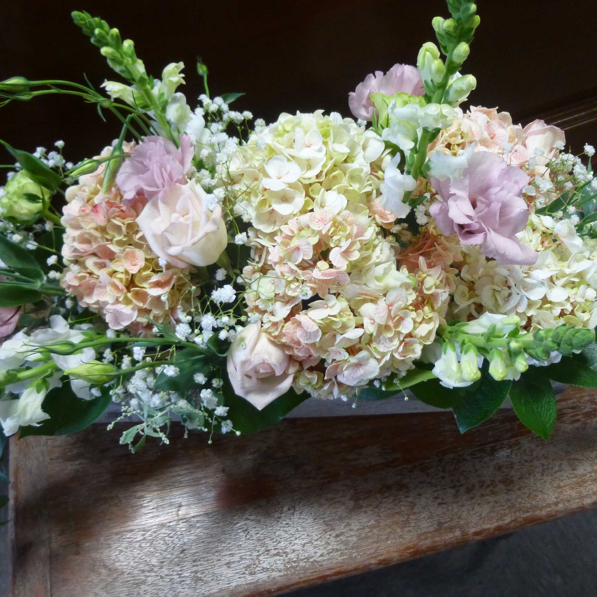 Recipe: Hydragaes, Snapdragon, Lisianthus, Roses, Baby Breath, Greens in a local hand-made