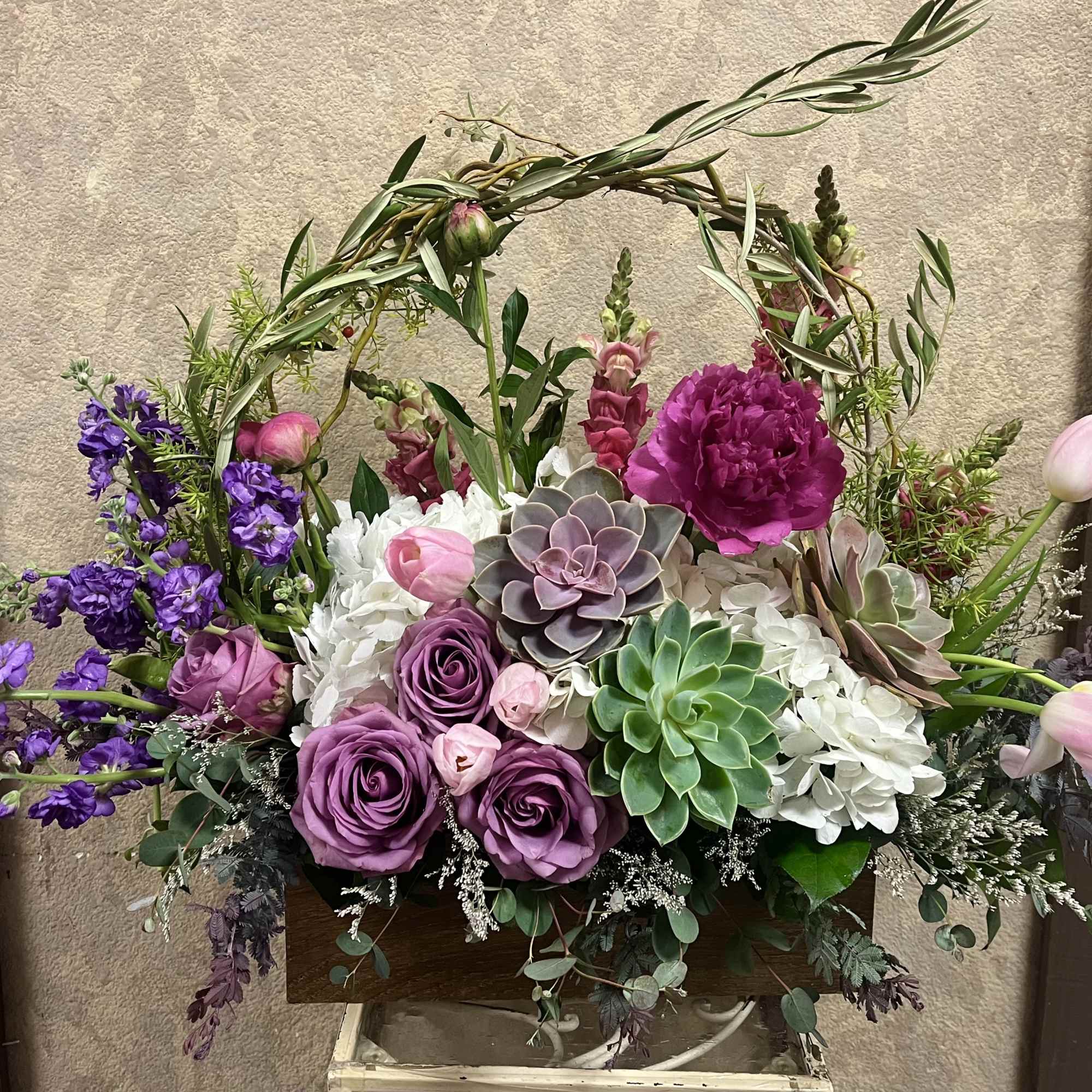 Recipe: Pink Peonies, White Hydrangeas, Pink Snapdragon, Purple Stock, Pink Tulips, Curly