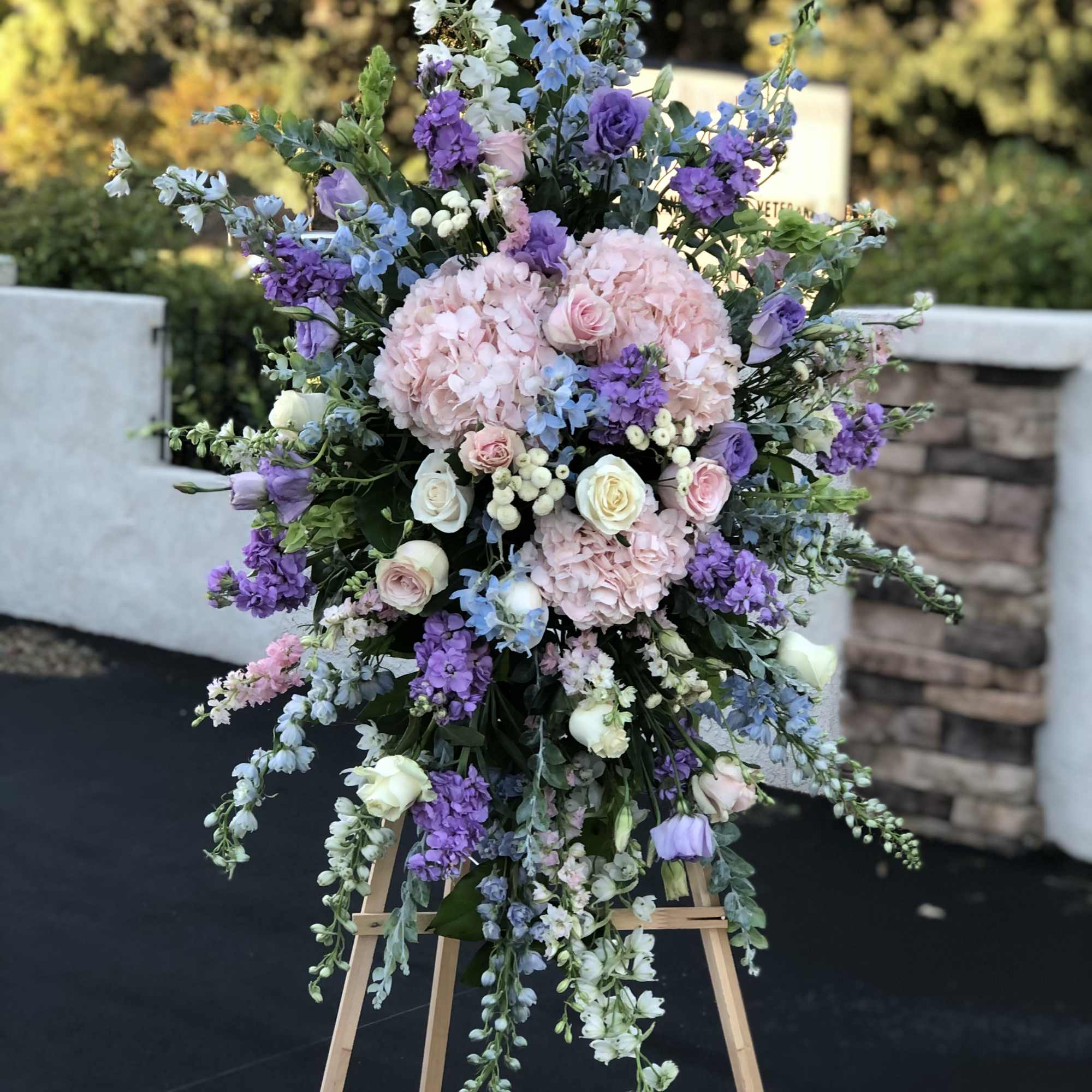 Recipe: Blue and White Delphinium, Pink Larkspur, Purple Stock, Pink Hydrangaes, Pink/Lavender