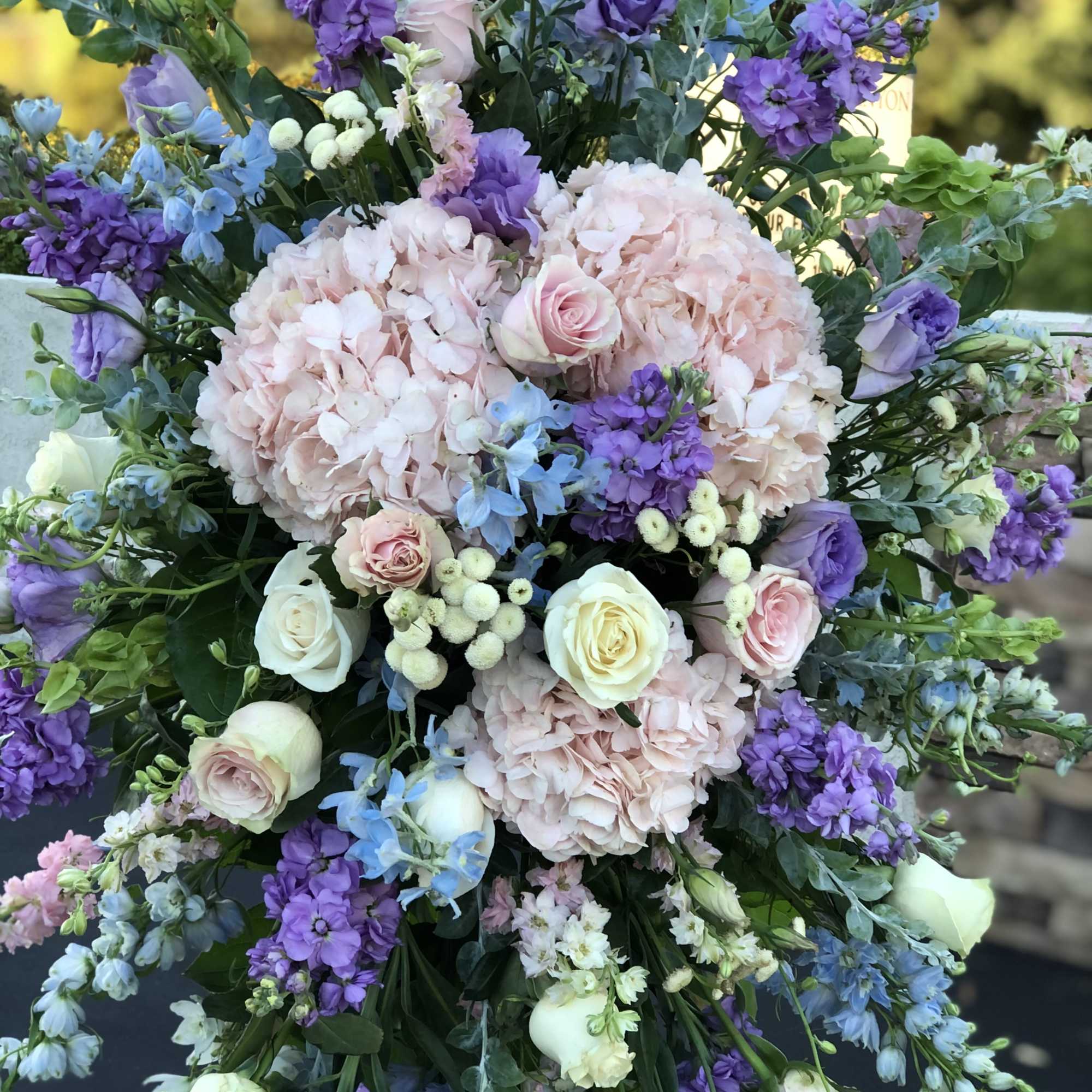 Recipe: Blue and White Delphinium, Pink Larkspur, Purple Stock, Pink Hydrangaes, Pink/Lavender