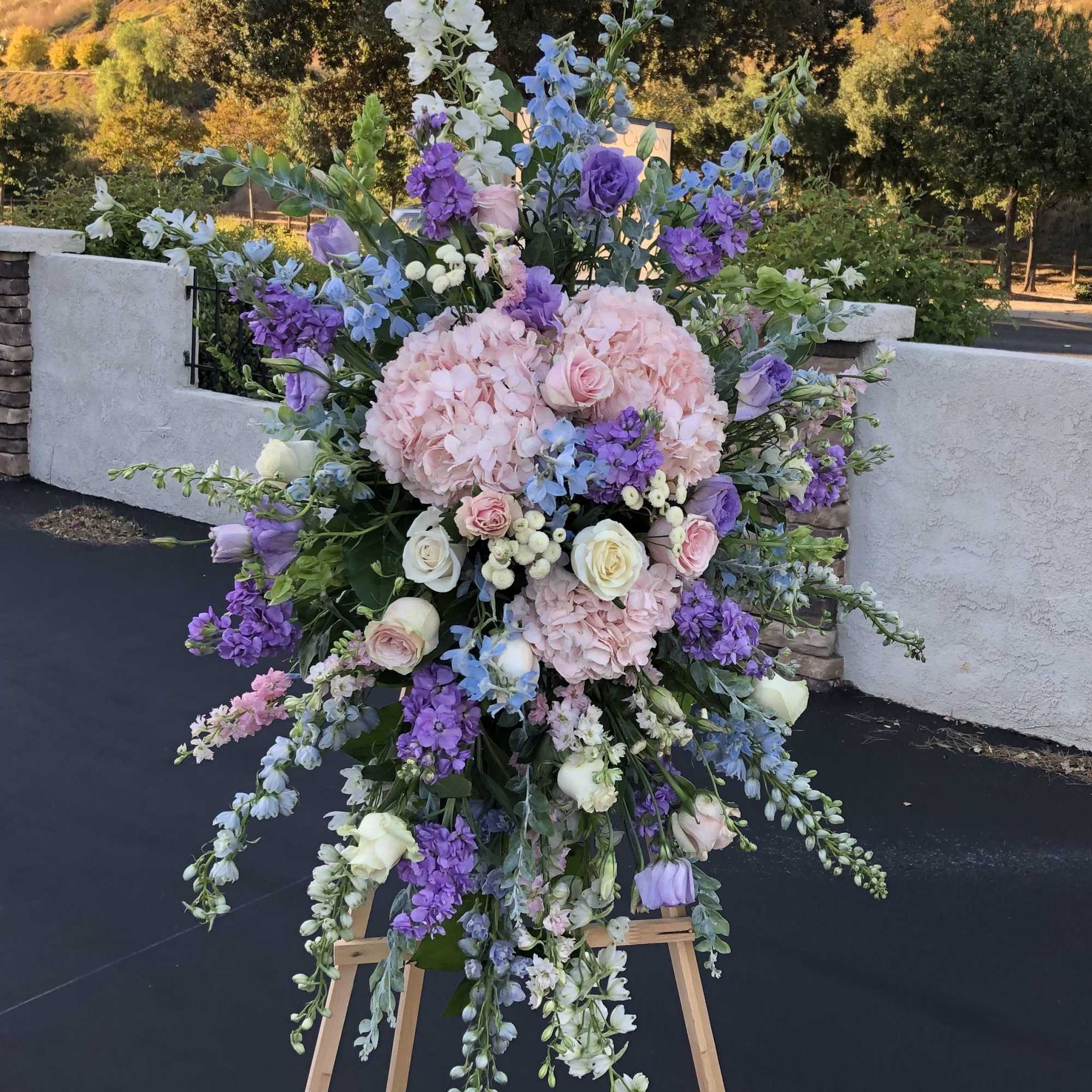 Recipe: Blue and White Delphinium, Pink Larkspur, Purple Stock, Pink Hydrangaes, Pink/Lavender
