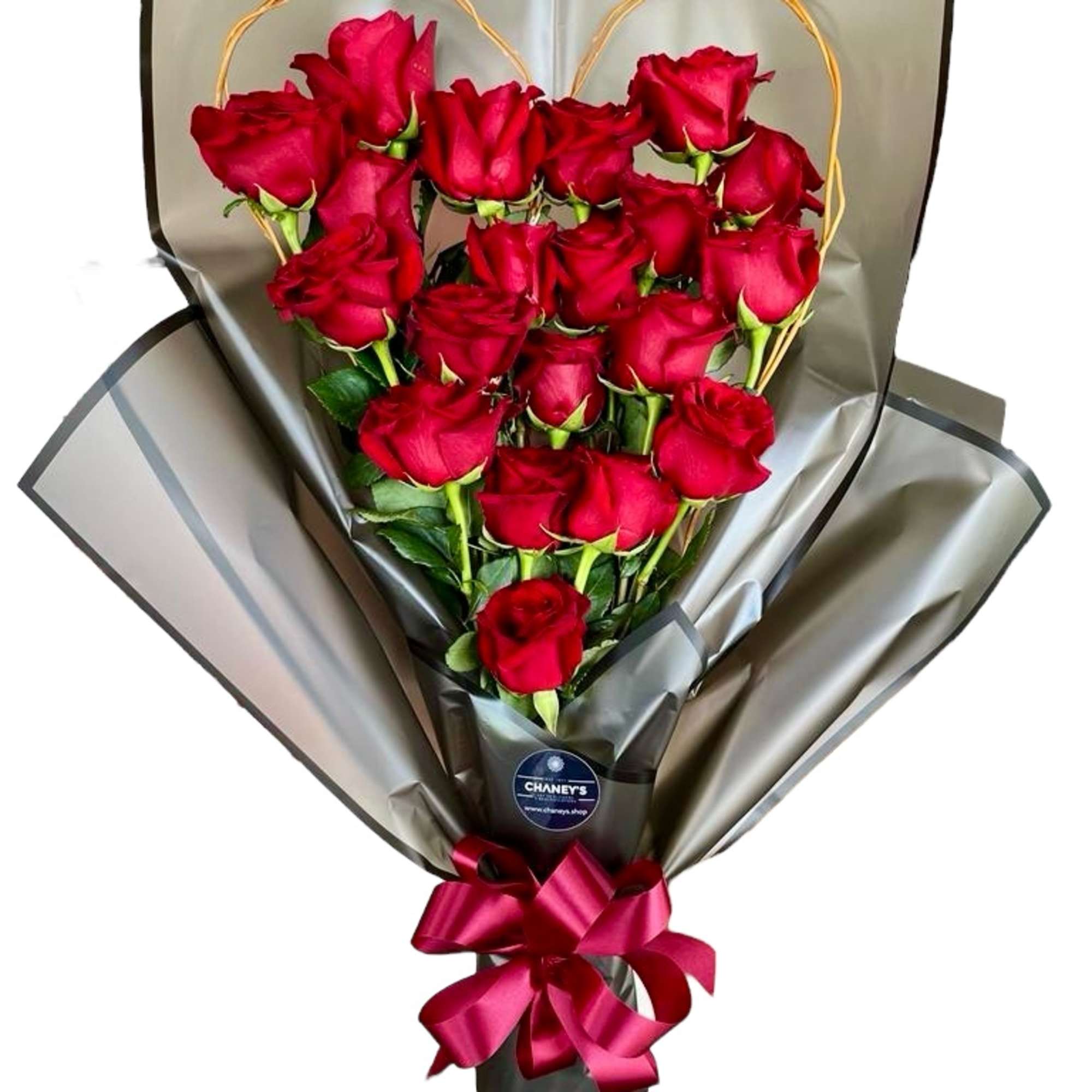 Exciting floral design wrap with 20 red roses topped with a hand