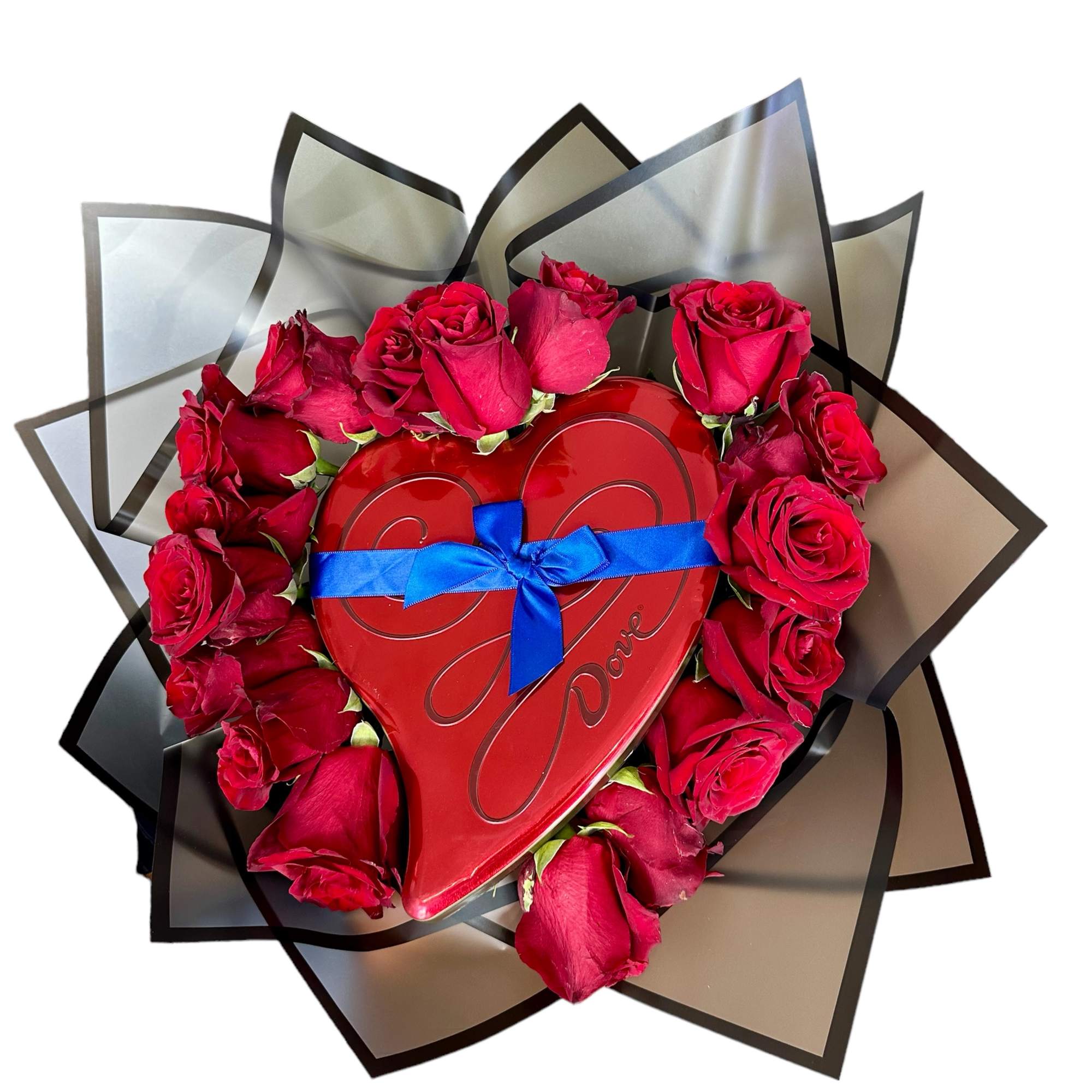 Bouquet of fresh 19 cut red roses arranged with a center heart