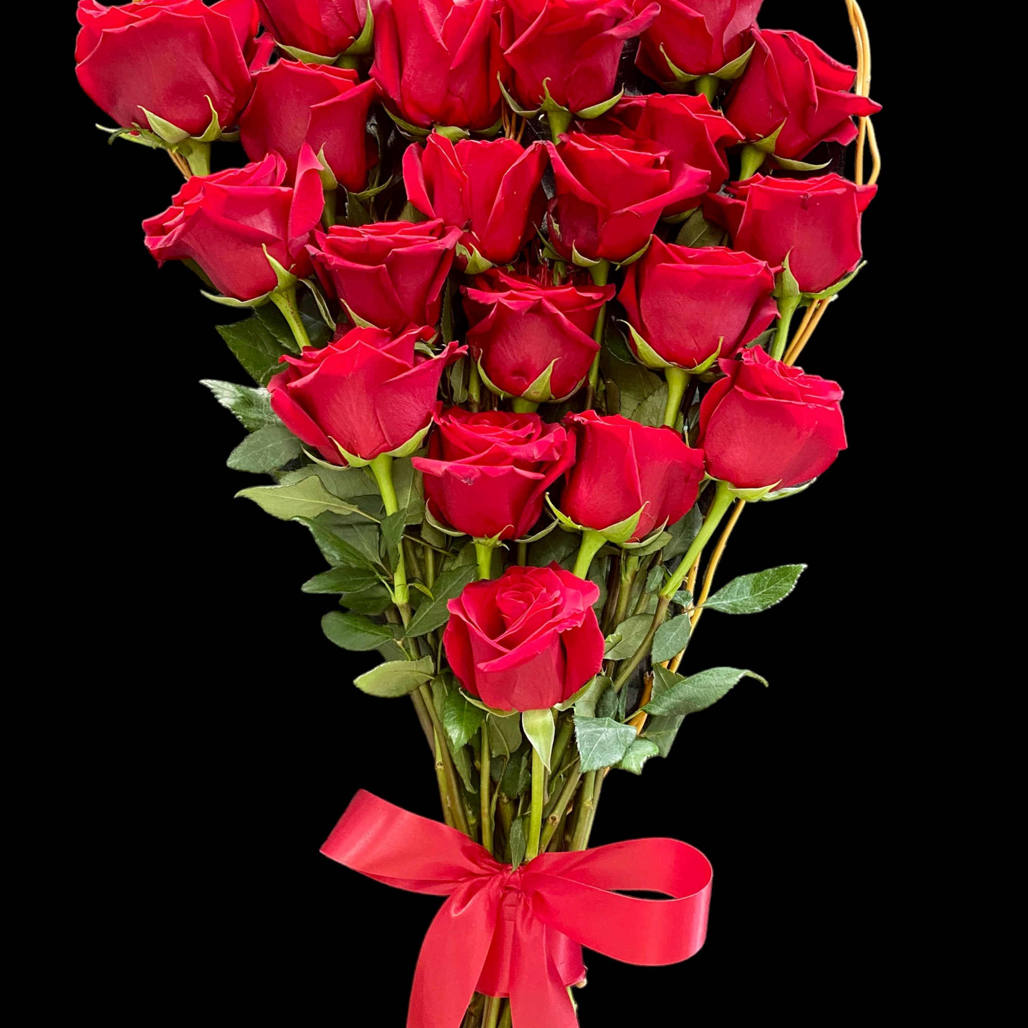 20 red roses topped with a hand made heart of fresh curly