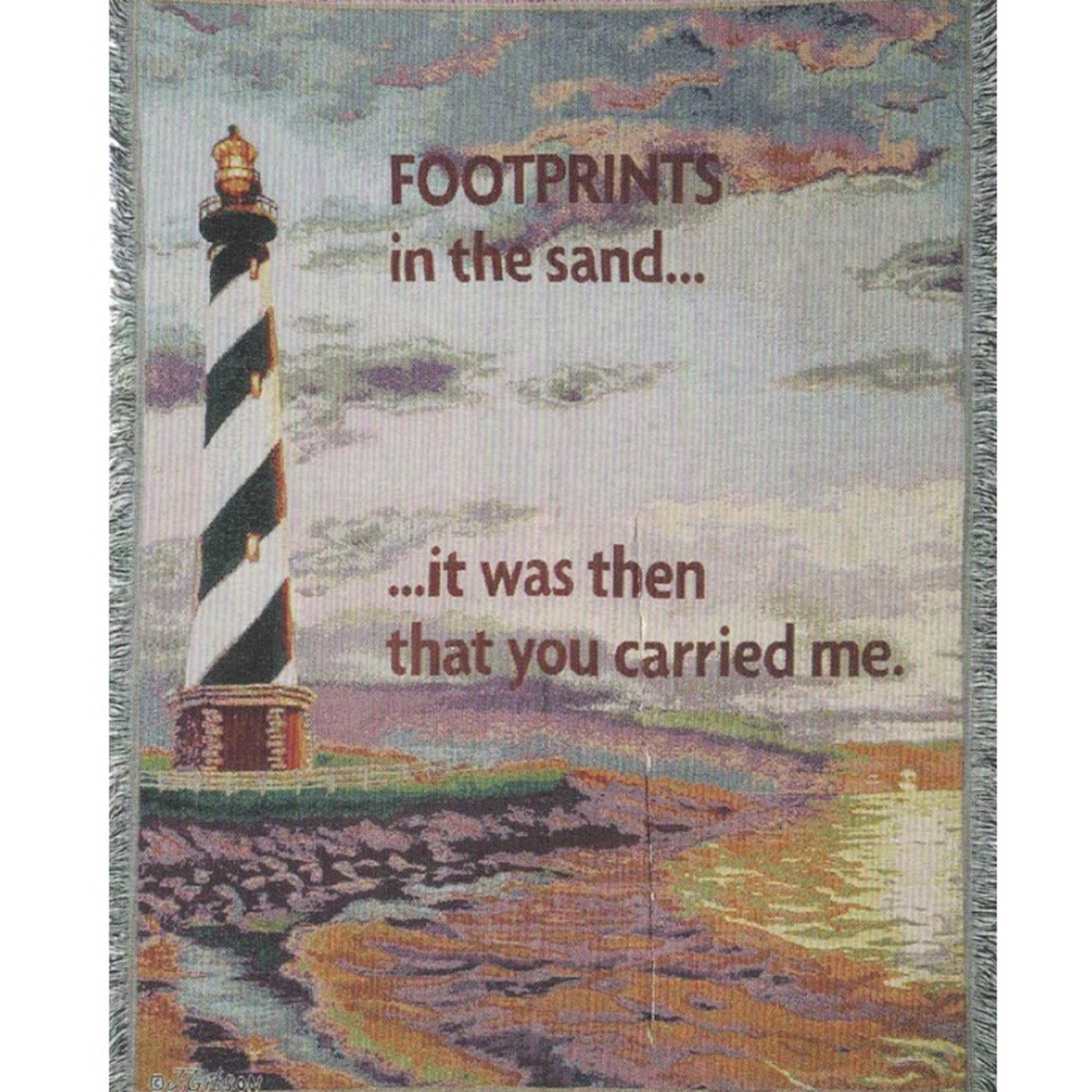 Woven afghan measures approximately 50in x 60in and displays the text "Footprints