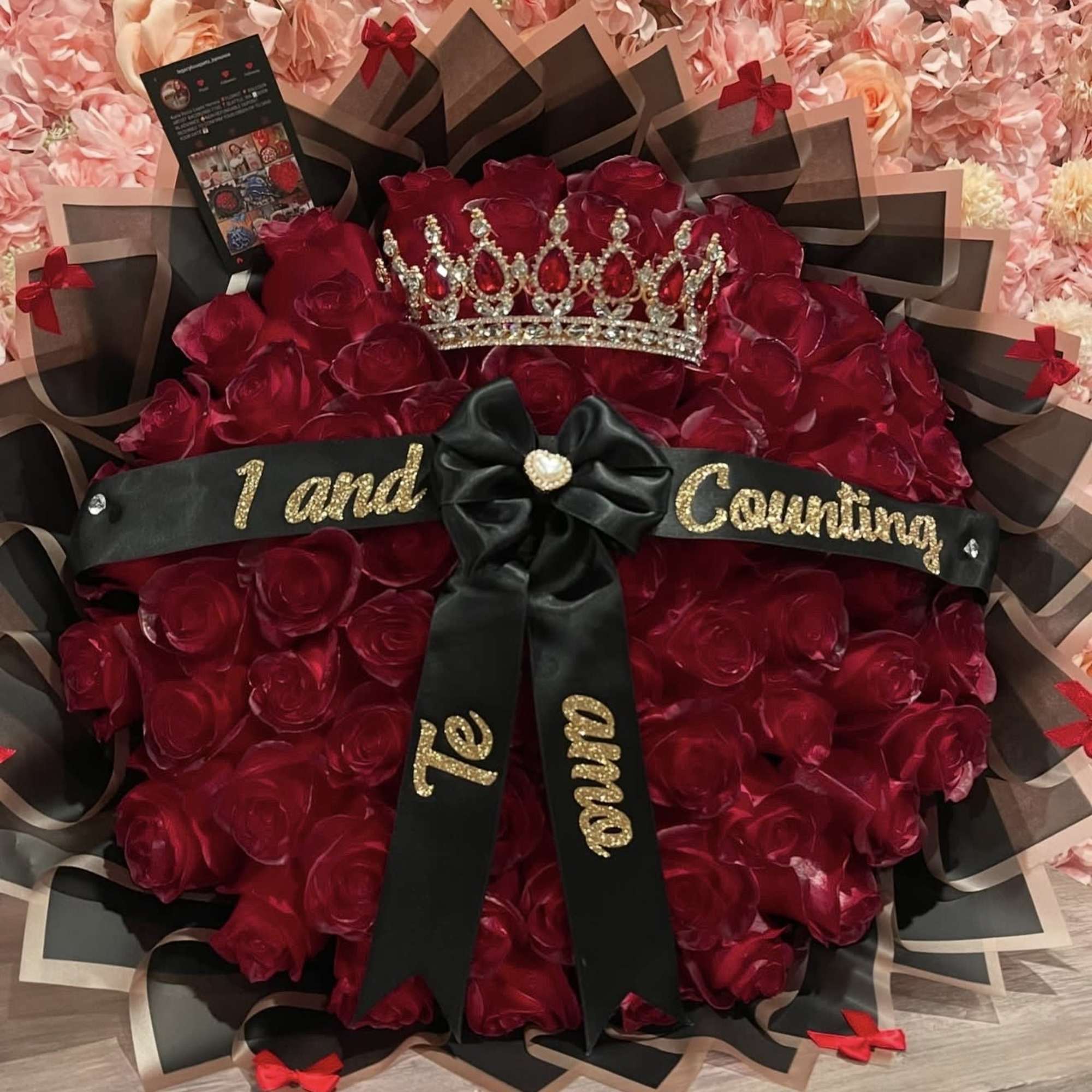 This Beautiful bouquet includes:

-75 Burgundy Roses straight from Ecuador.
-Custom ribbon( wording of