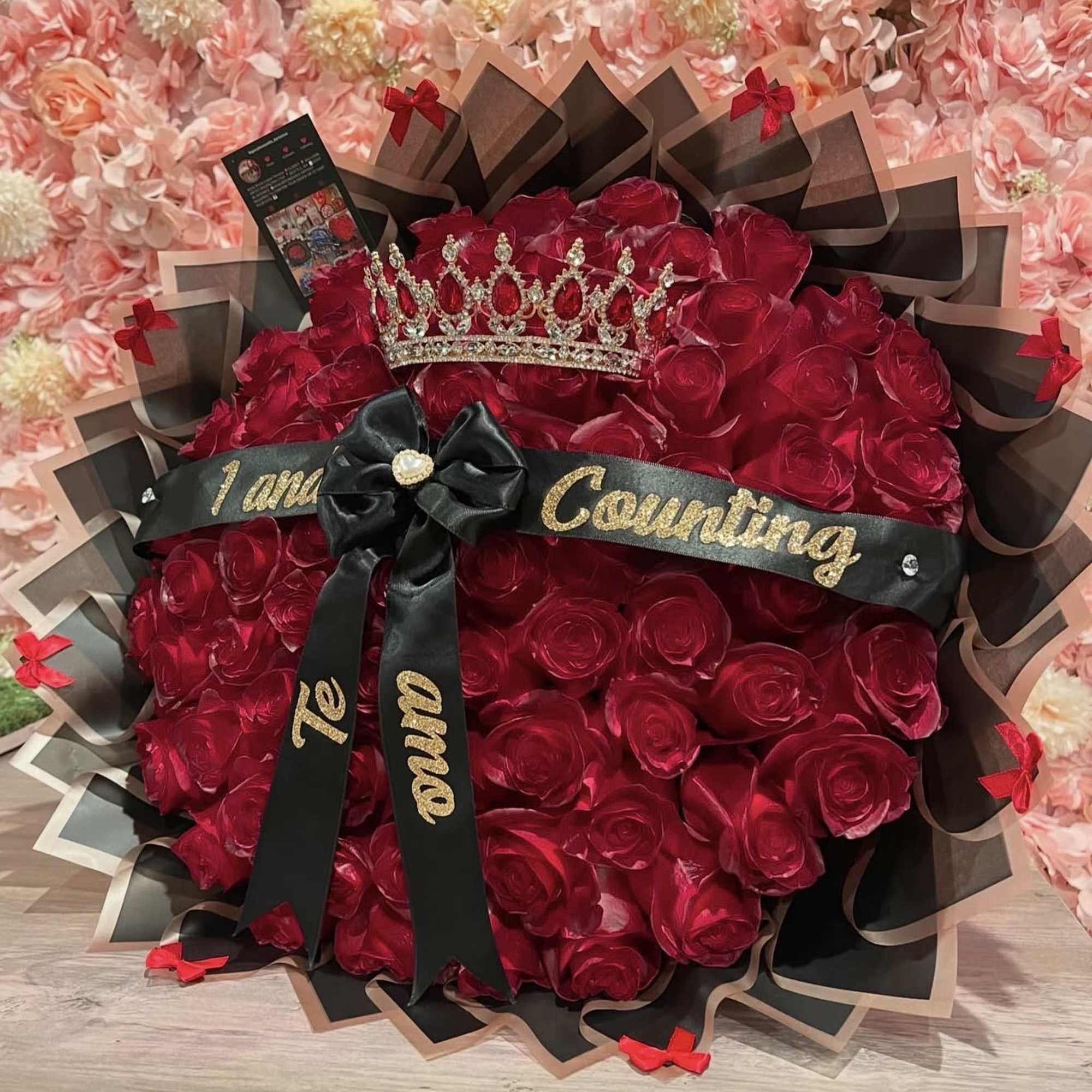 This Beautiful bouquet includes:

-75 Burgundy Roses straight from Ecuador.
-Custom ribbon( wording of
