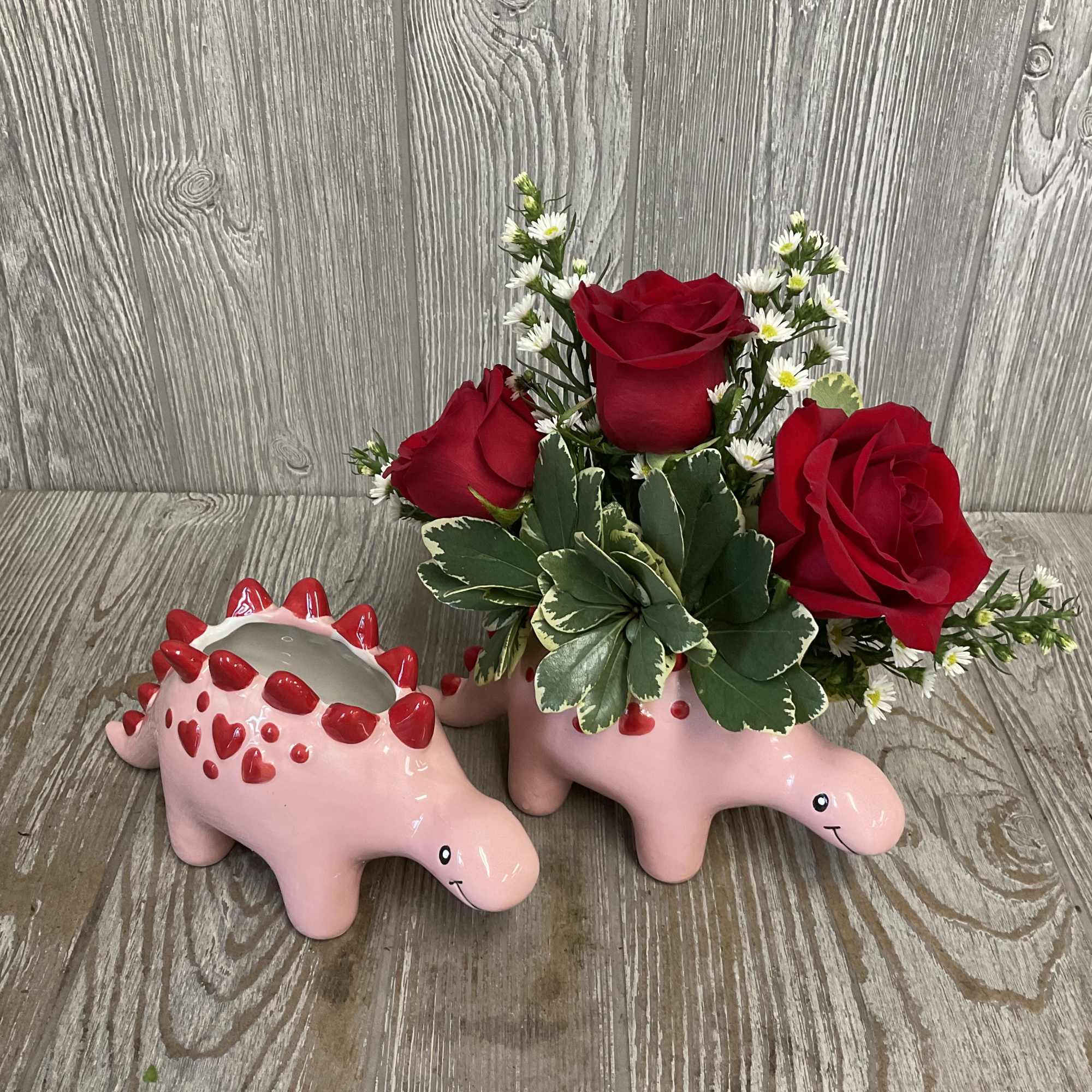 This sweet arrangement in a ceramic keepsake stegosaurus container is perfect to