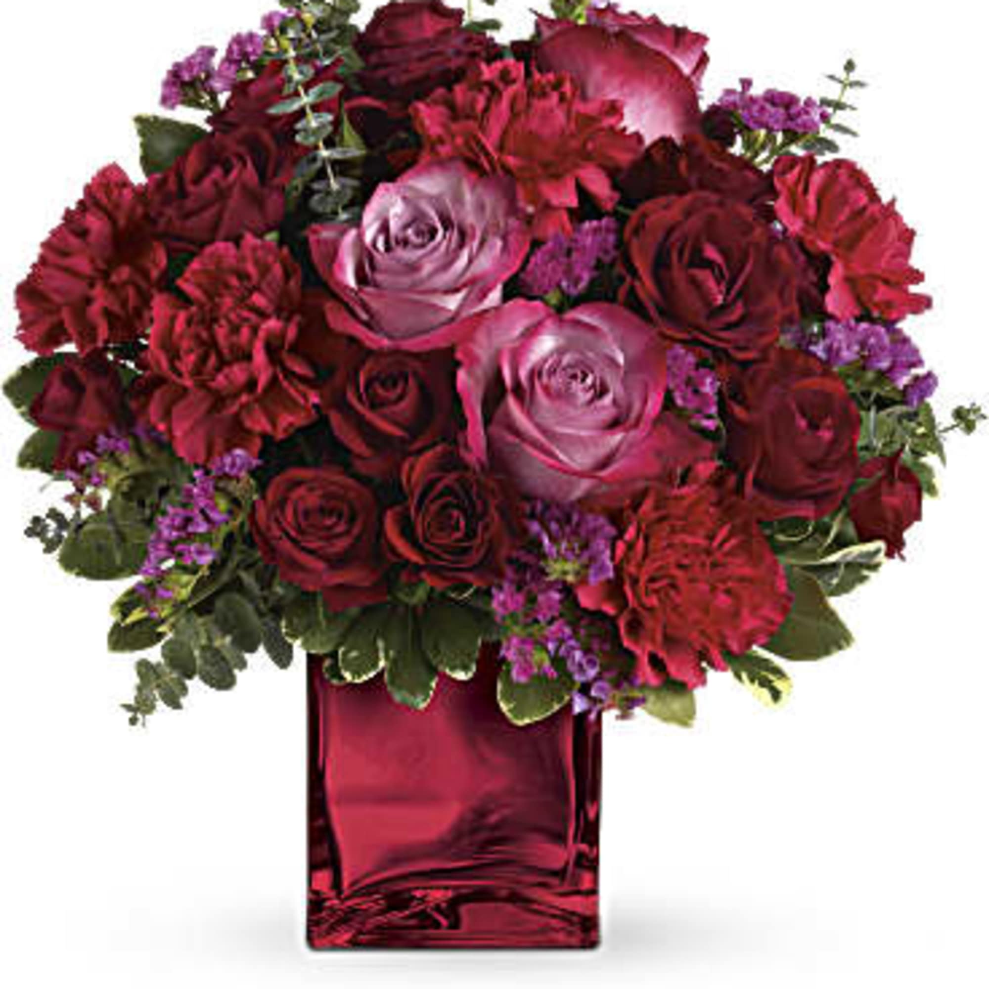 Pure passion. Bedazzle your beloved with luscious red and lavender roses in