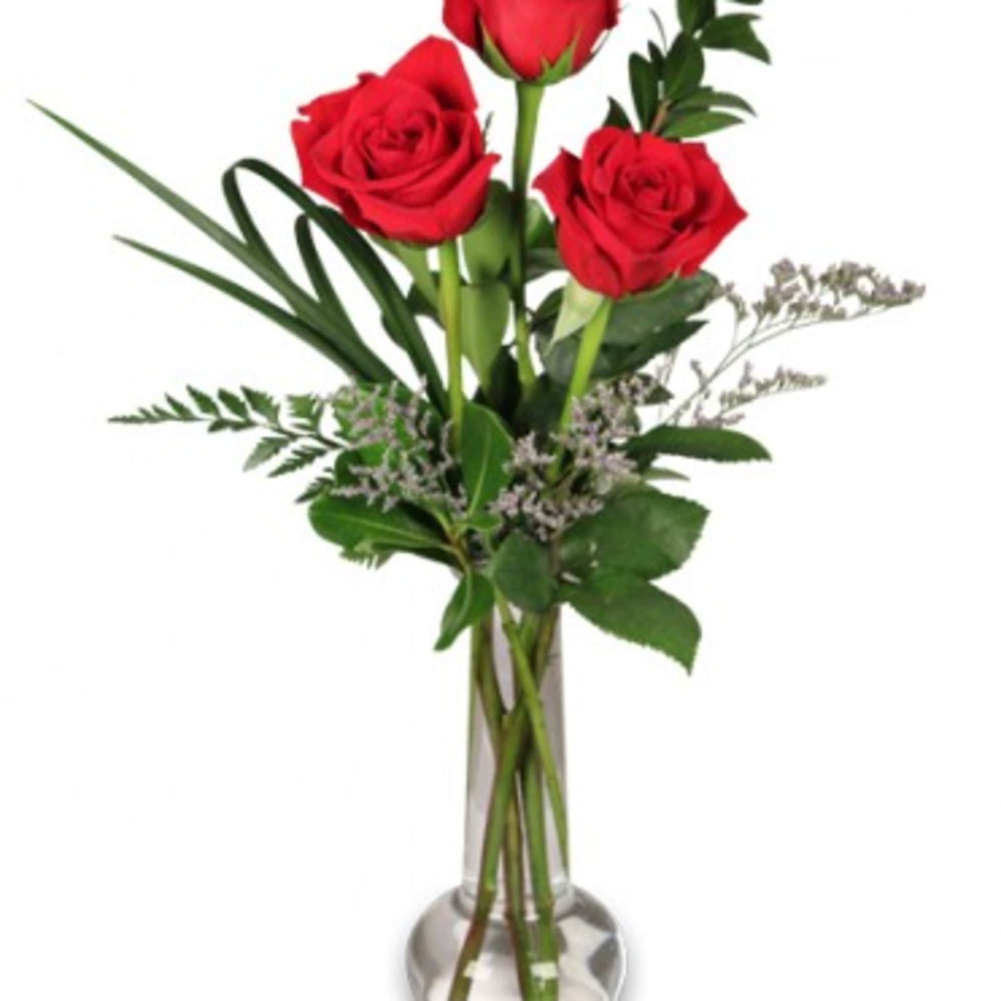 The traditional bud vase. Enduring and timeless. 3 premium roses with softly
