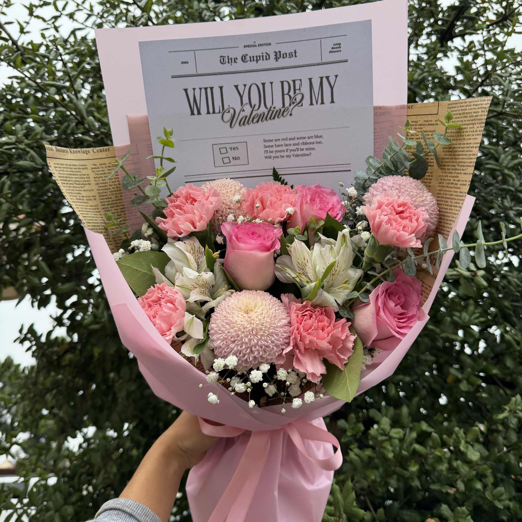 &ldquo;Will you be my Valentine&rsquo;s Day&rdquo; handheld bouquet. Designer&rsquo;s choice mixed flowers.