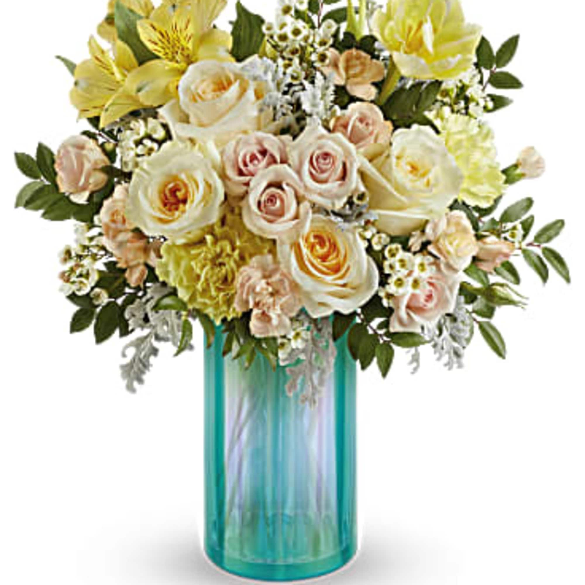 Celebrate spring with this enchanting rose bouquet, dreamily arranged in a sparkling