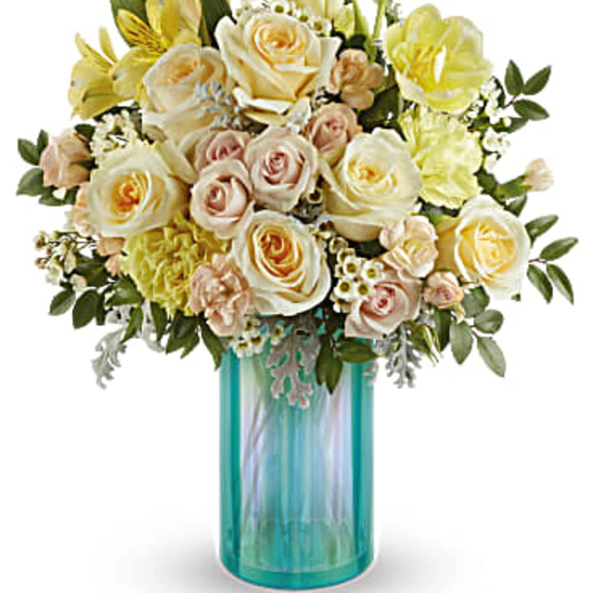 Celebrate spring with this enchanting rose bouquet, dreamily arranged in a sparkling