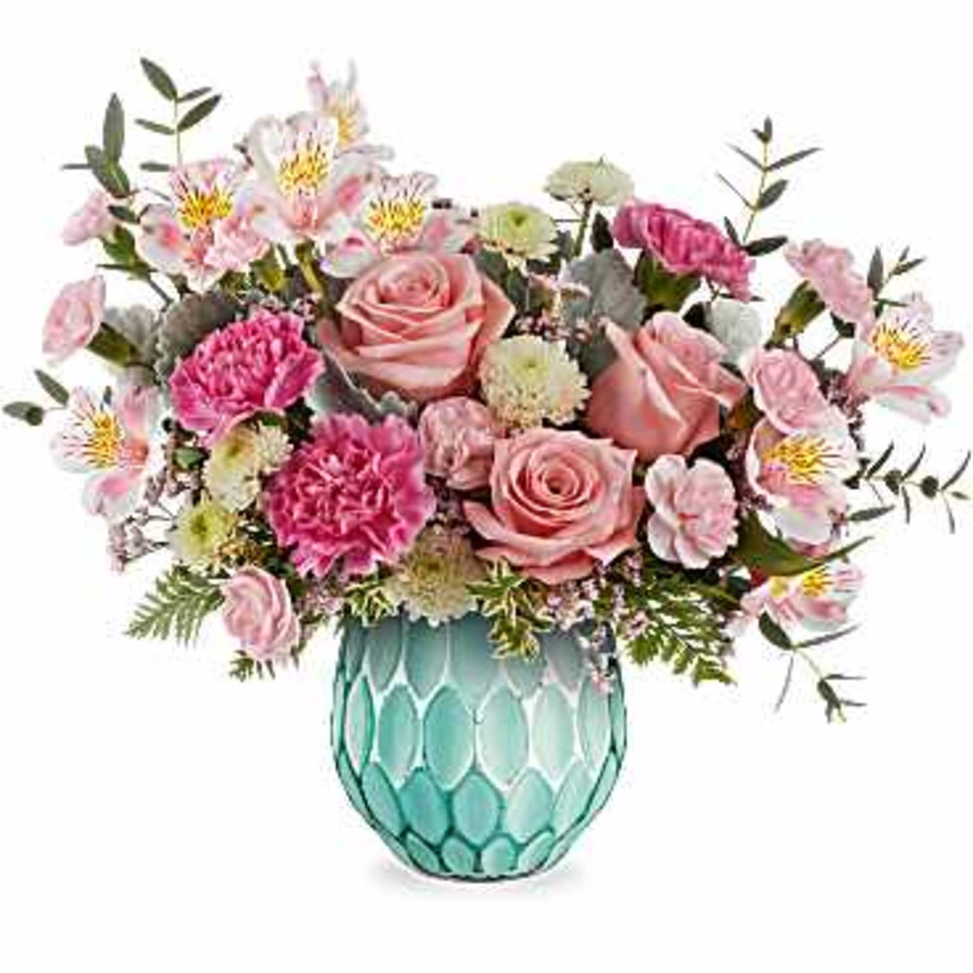 Evoking the beauty of dreams in color, this enchanting rose bouquet is