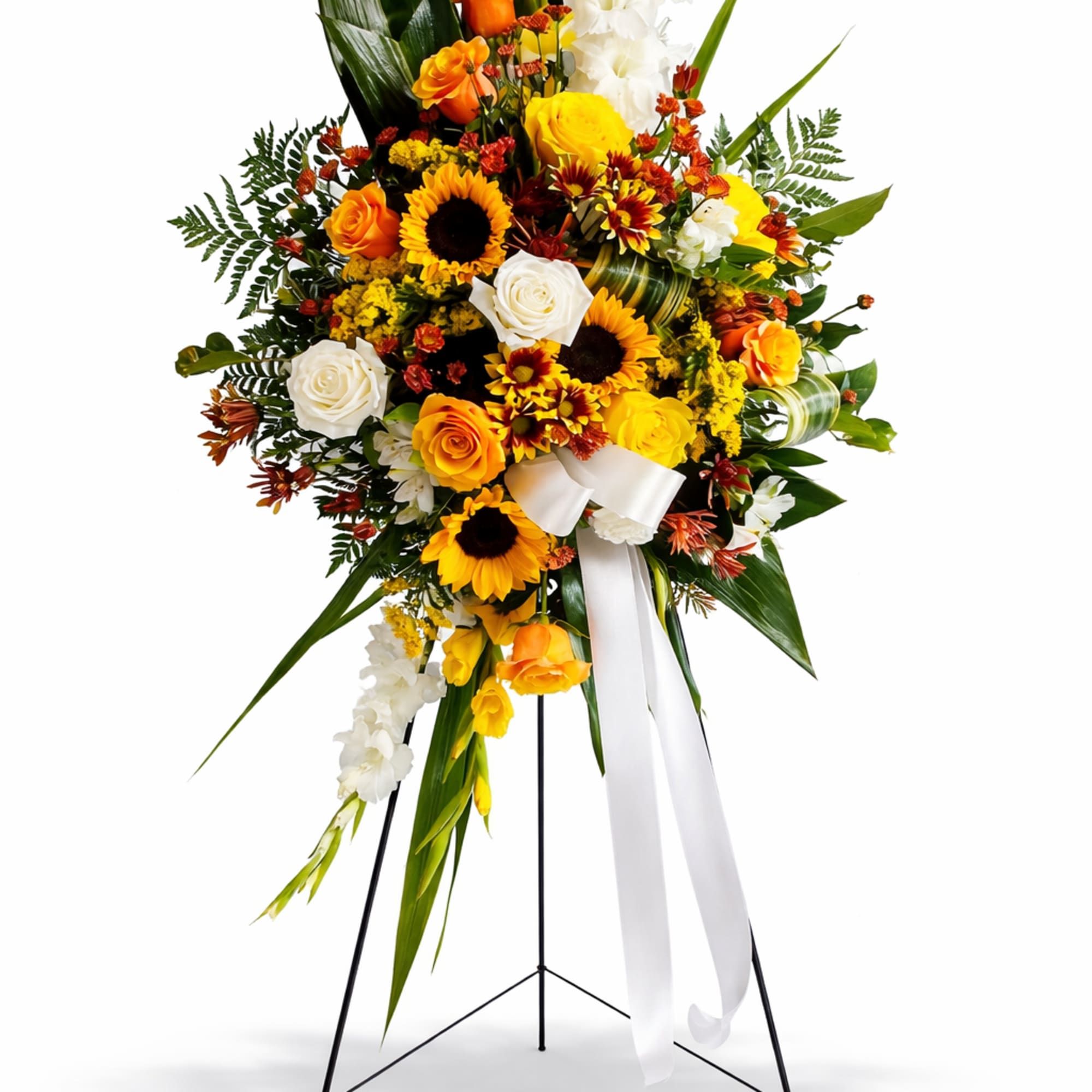 This elegant standing funeral spray is a heartfelt expression of love, remembrance