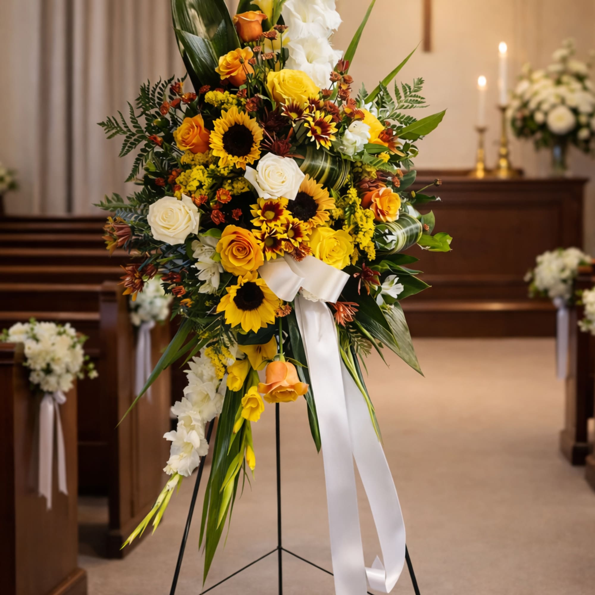 This elegant standing funeral spray is a heartfelt expression of love, remembrance