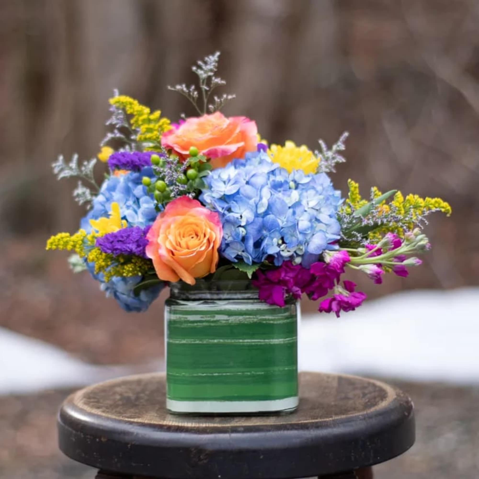 Compact design of complimentary color citrus inspired blooms. Hearty orange-coral toned roses