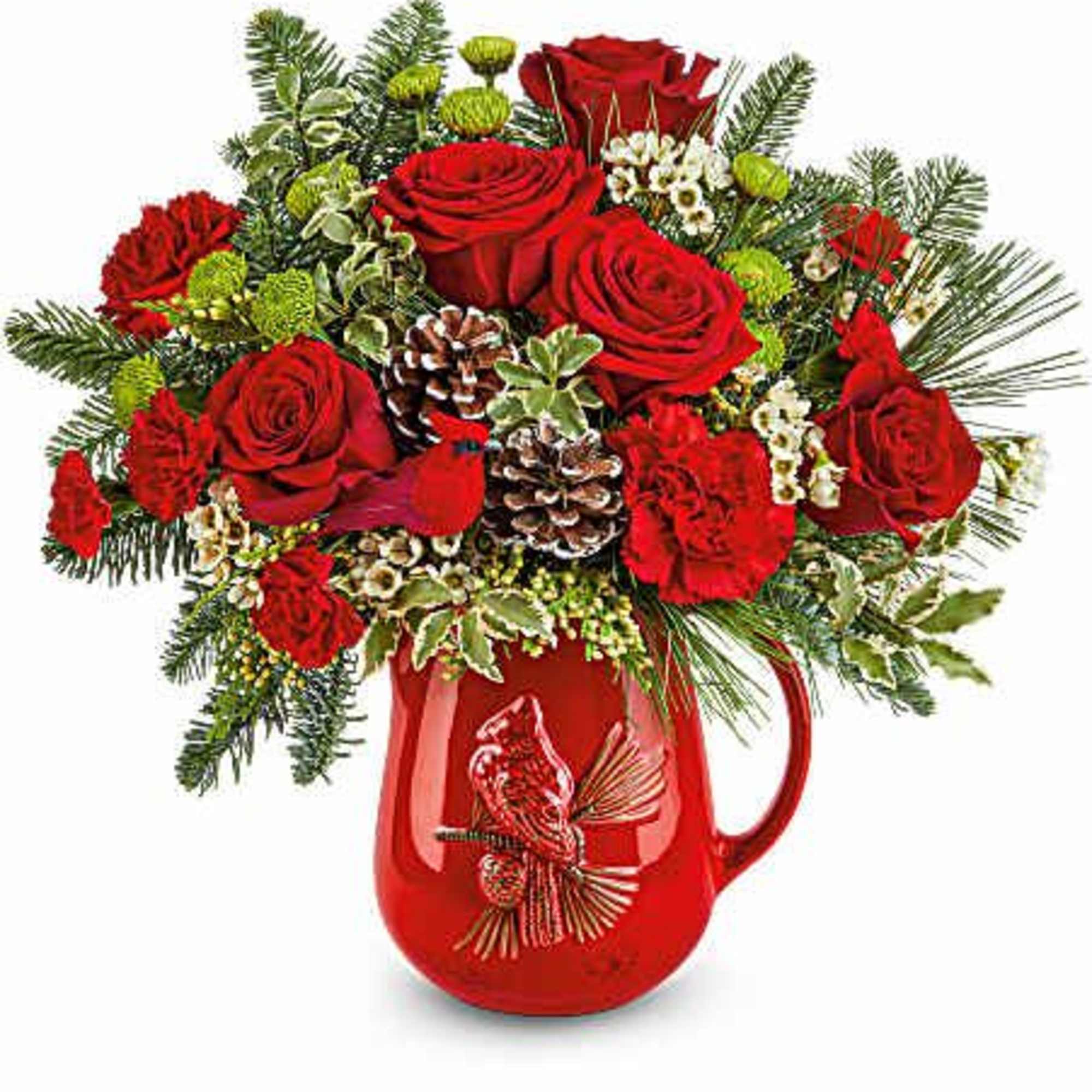 This charming cardinal pitcher is filled to the brim with festive seasonal