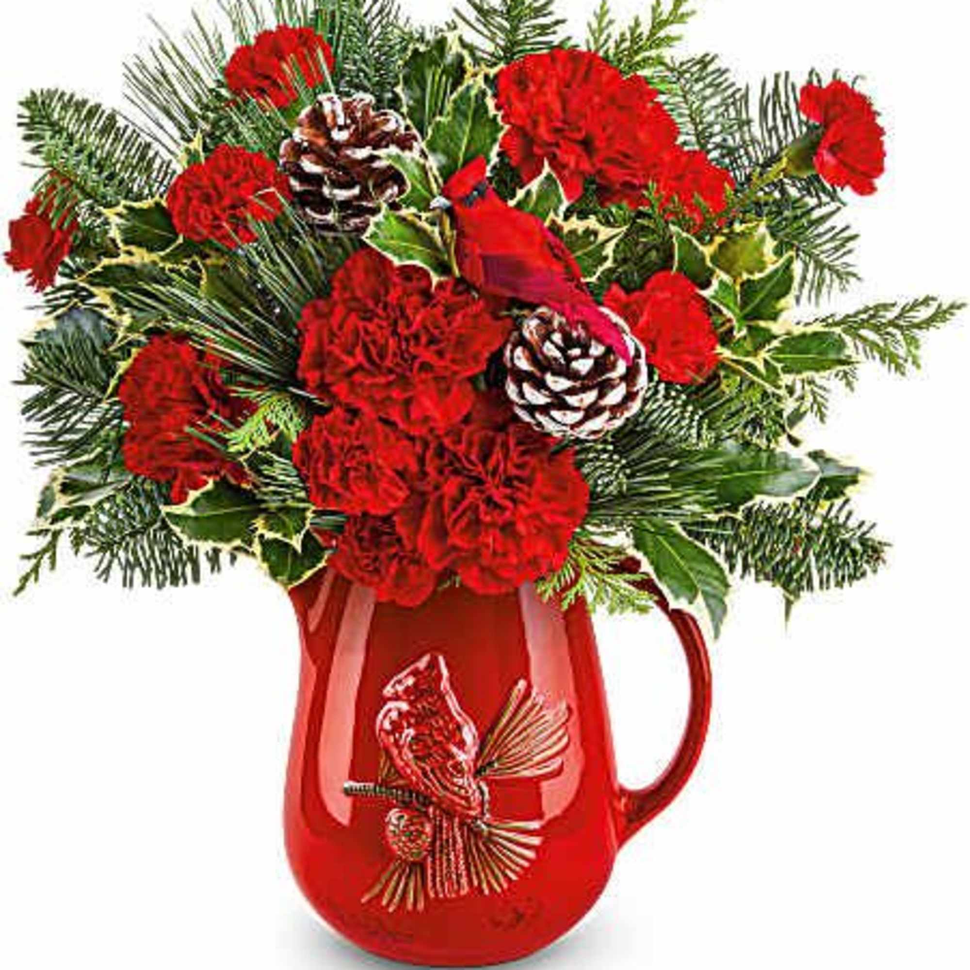 This beautiful bouquet hits a high note with bold red carnations and