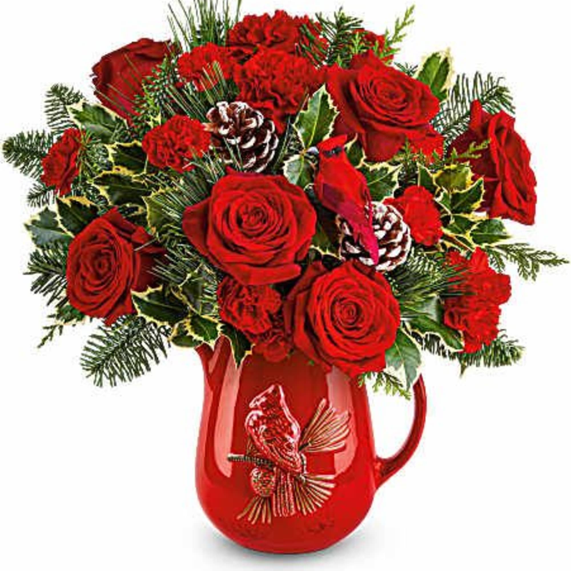 This beautiful bouquet hits a high note with bold red carnations and