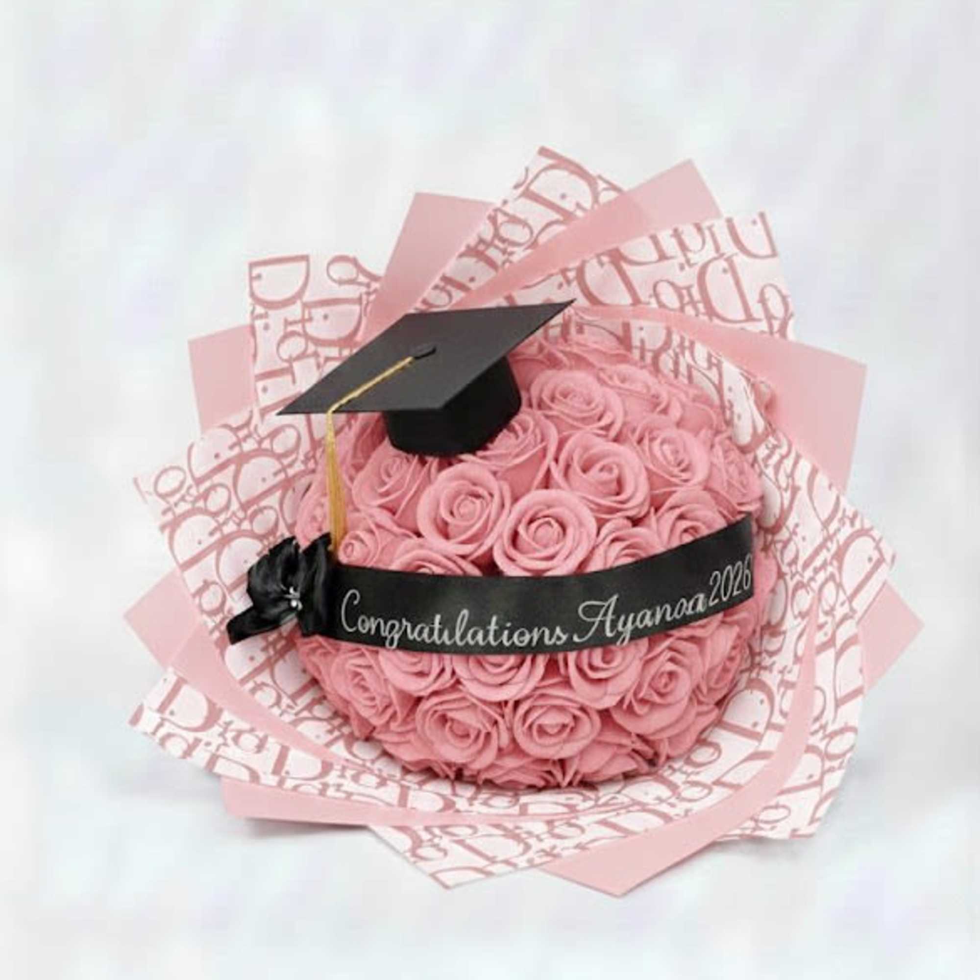 2 Dozen Pink Graduation Bouquet w/ Custom Ribbon Message" &amp; Grad Cap