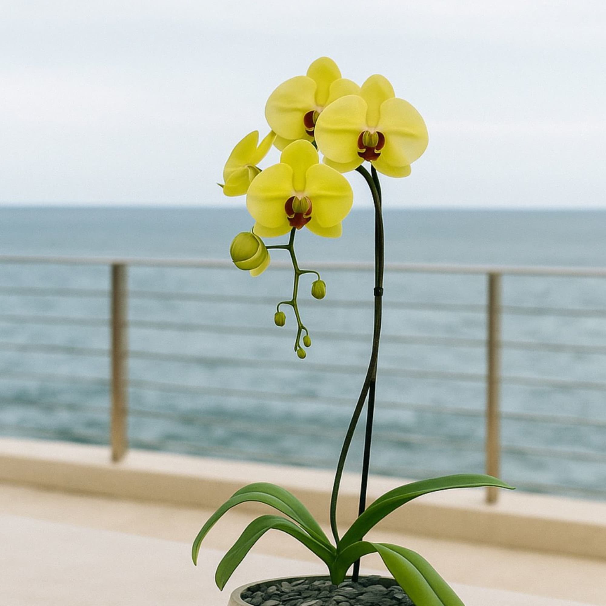 A high quality Single yellow orchid arrangement with a vase 9" D