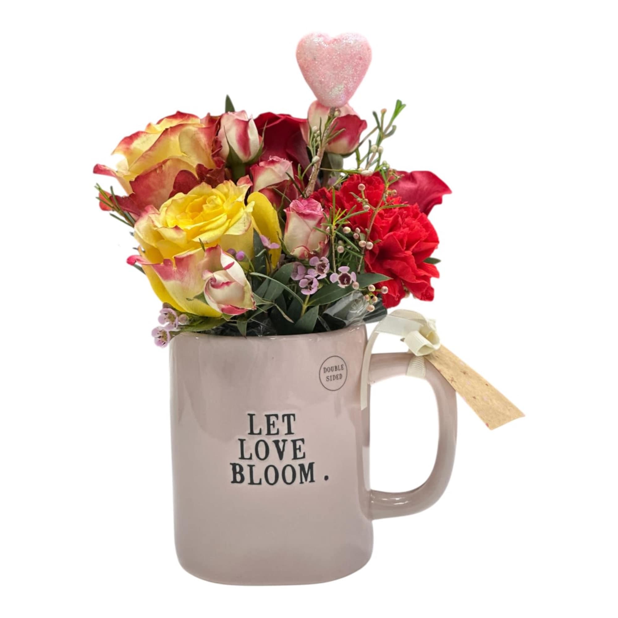 A romantic Valentine&rsquo;s Day floral arrangement designed in a keepsake mug that