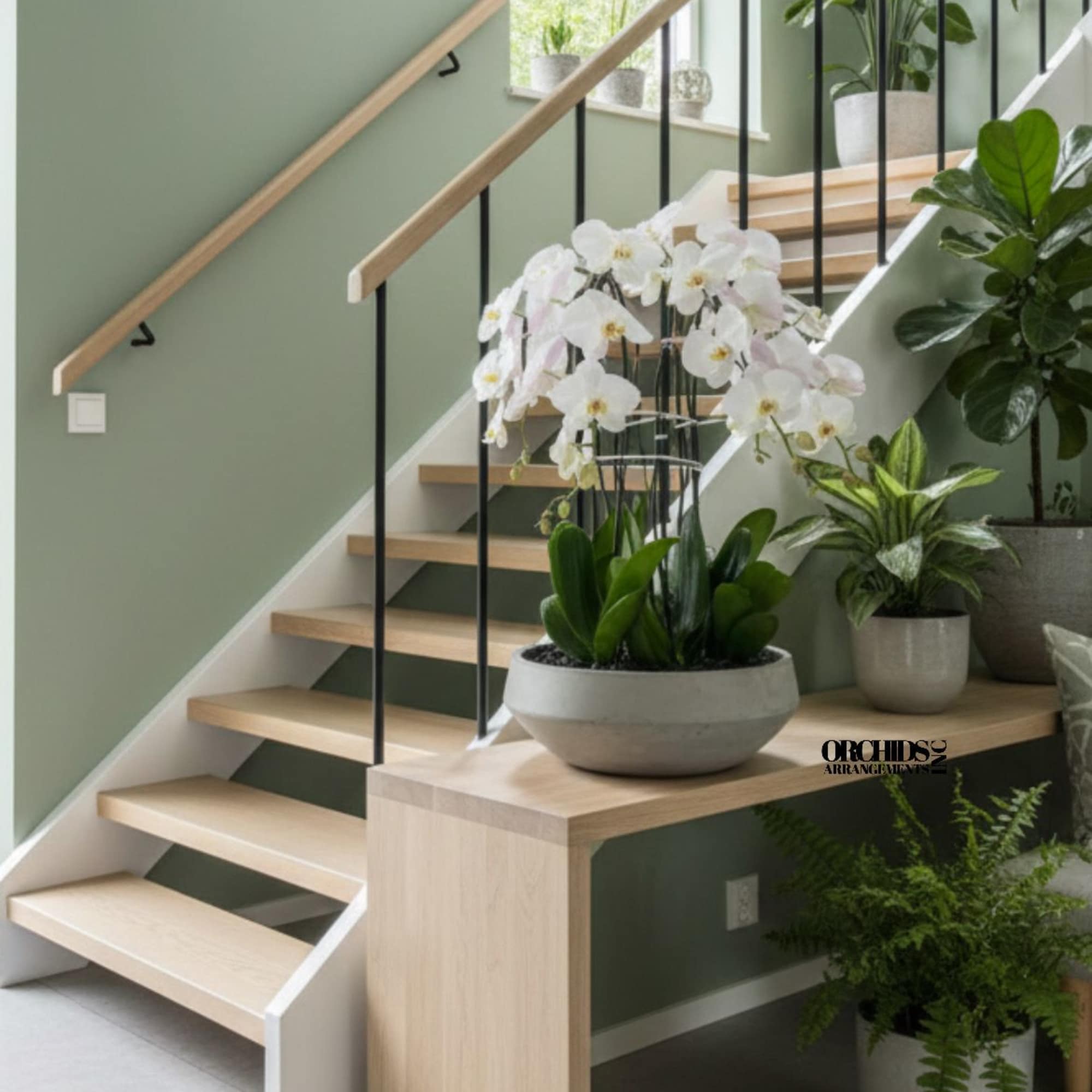 A high quality Triple white orchid arrangement with a vase 10" D