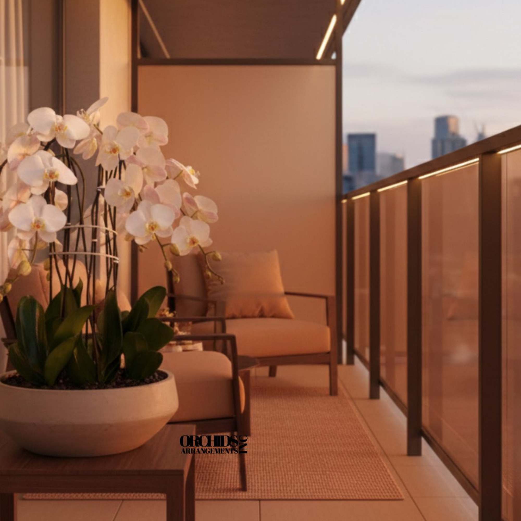 A high quality Five white orchid arrangement with a vase 13" D