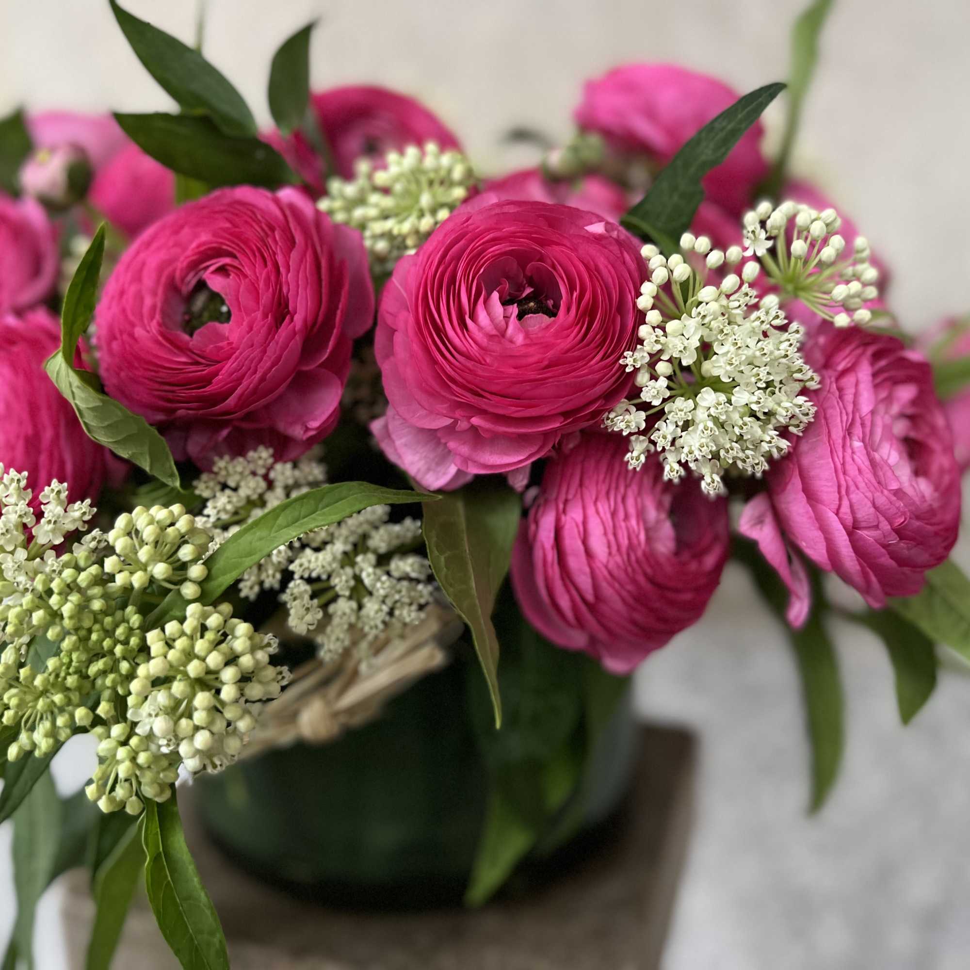 This elegant arrangement, complemented by swirling premium ranunculos , soft and subtle